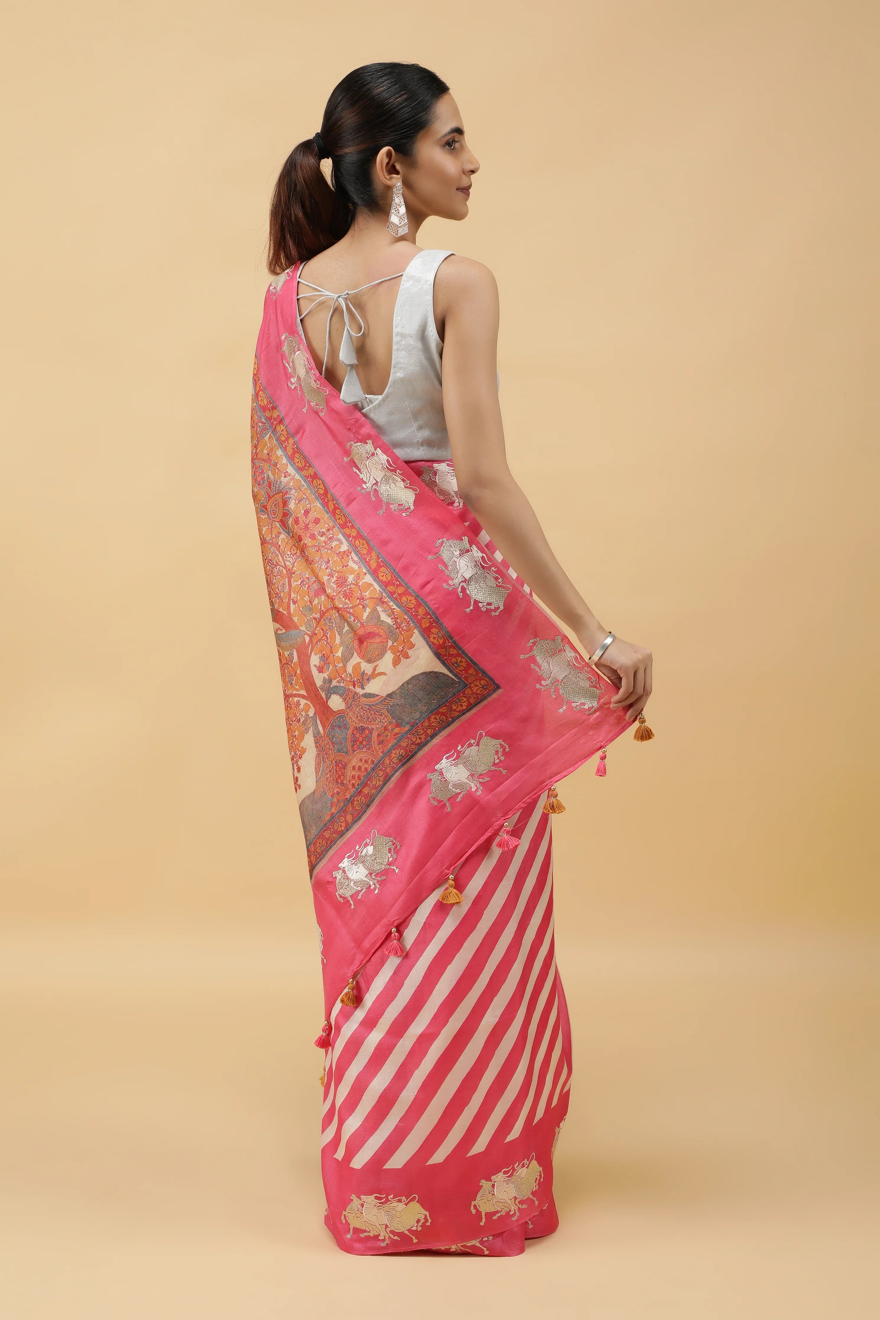 Pink & Off-White Tussar Silk Saree with Zari Motifs and Kalamkari Pallu - Mokshaa