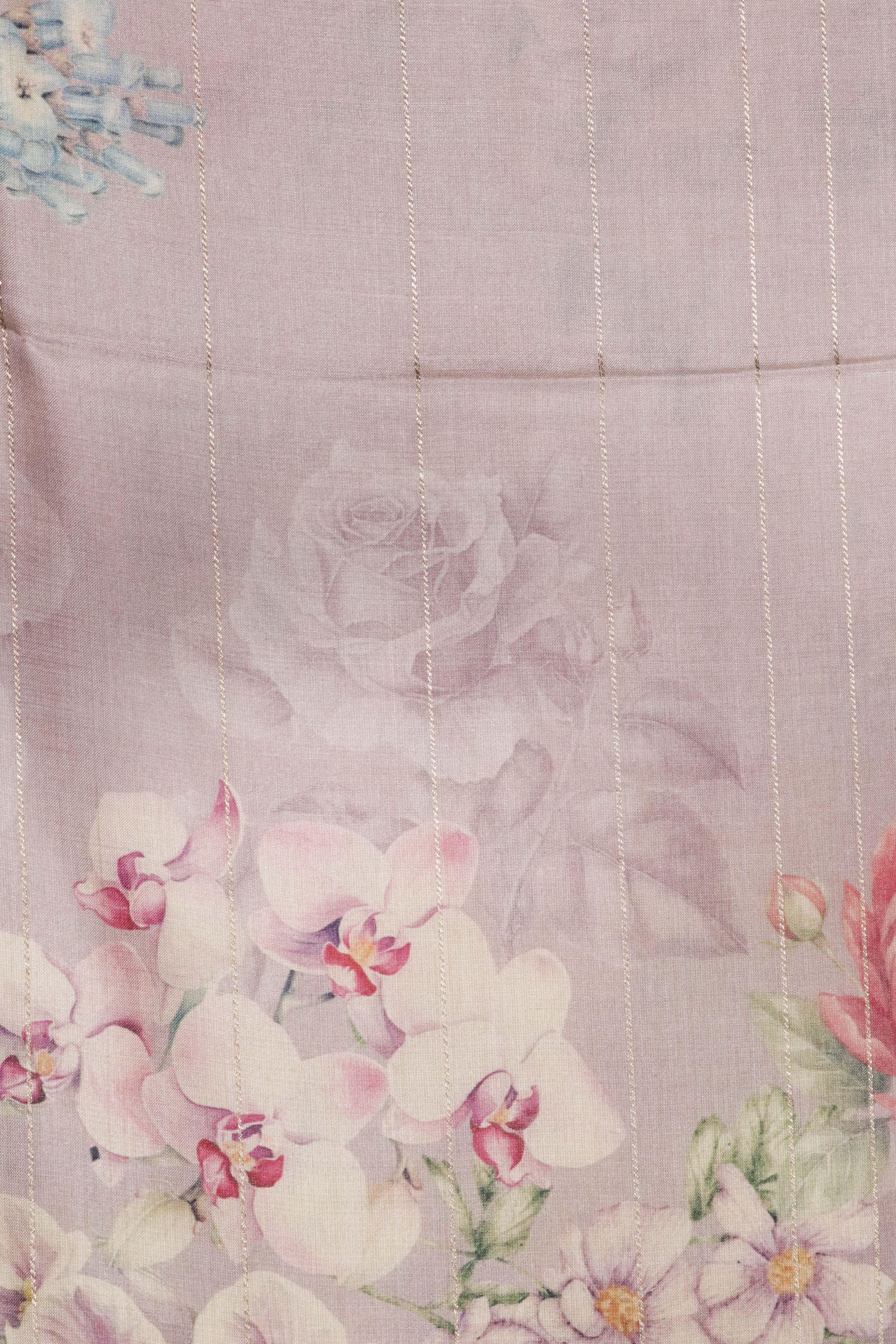 Light Lavender Tussar Silk Saree with Golden Stripes & Printed Body - Mokshaa