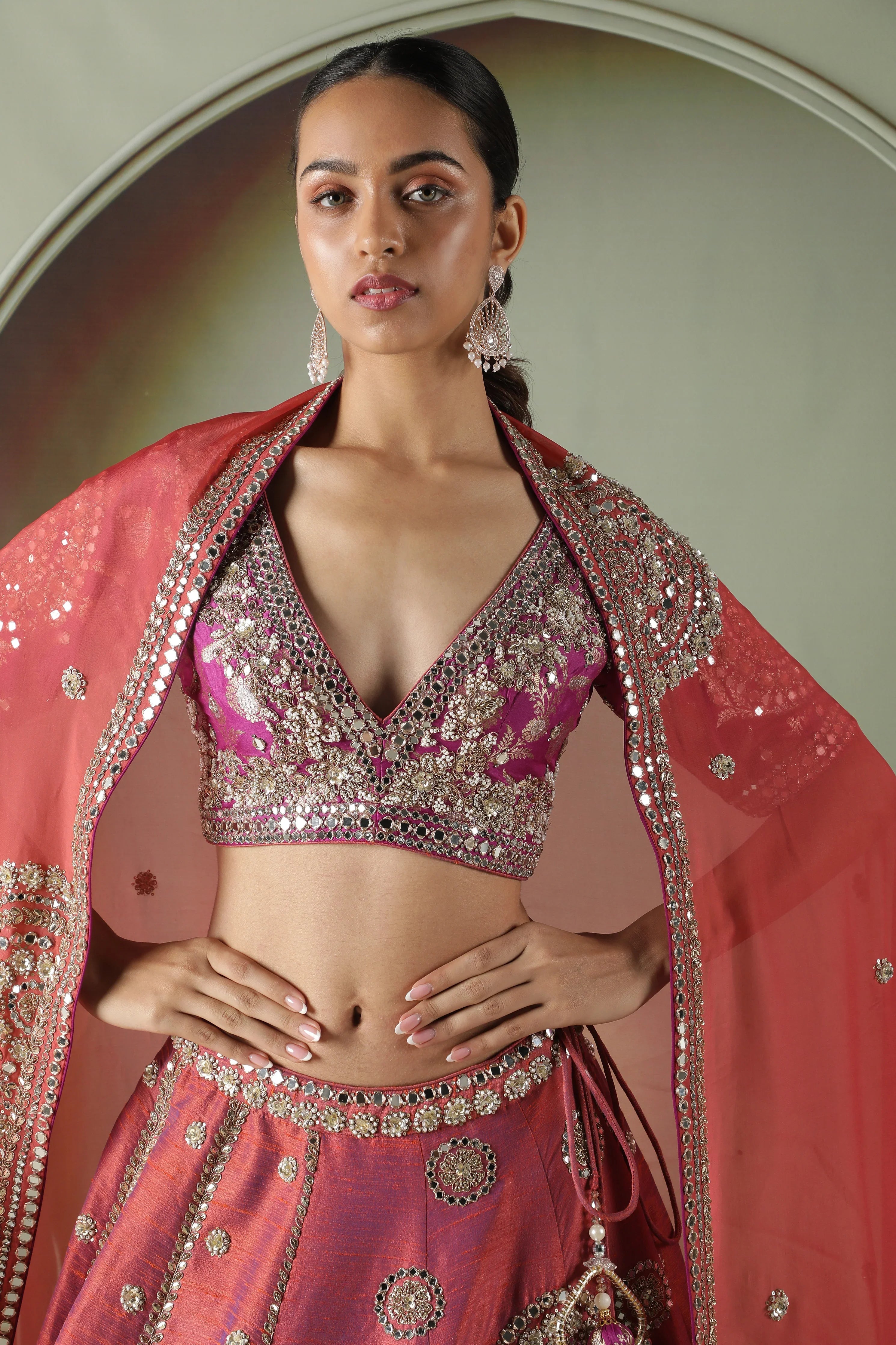 Dark Coral Raw Silk Mirror Work Lehenga Set - Mokshaa