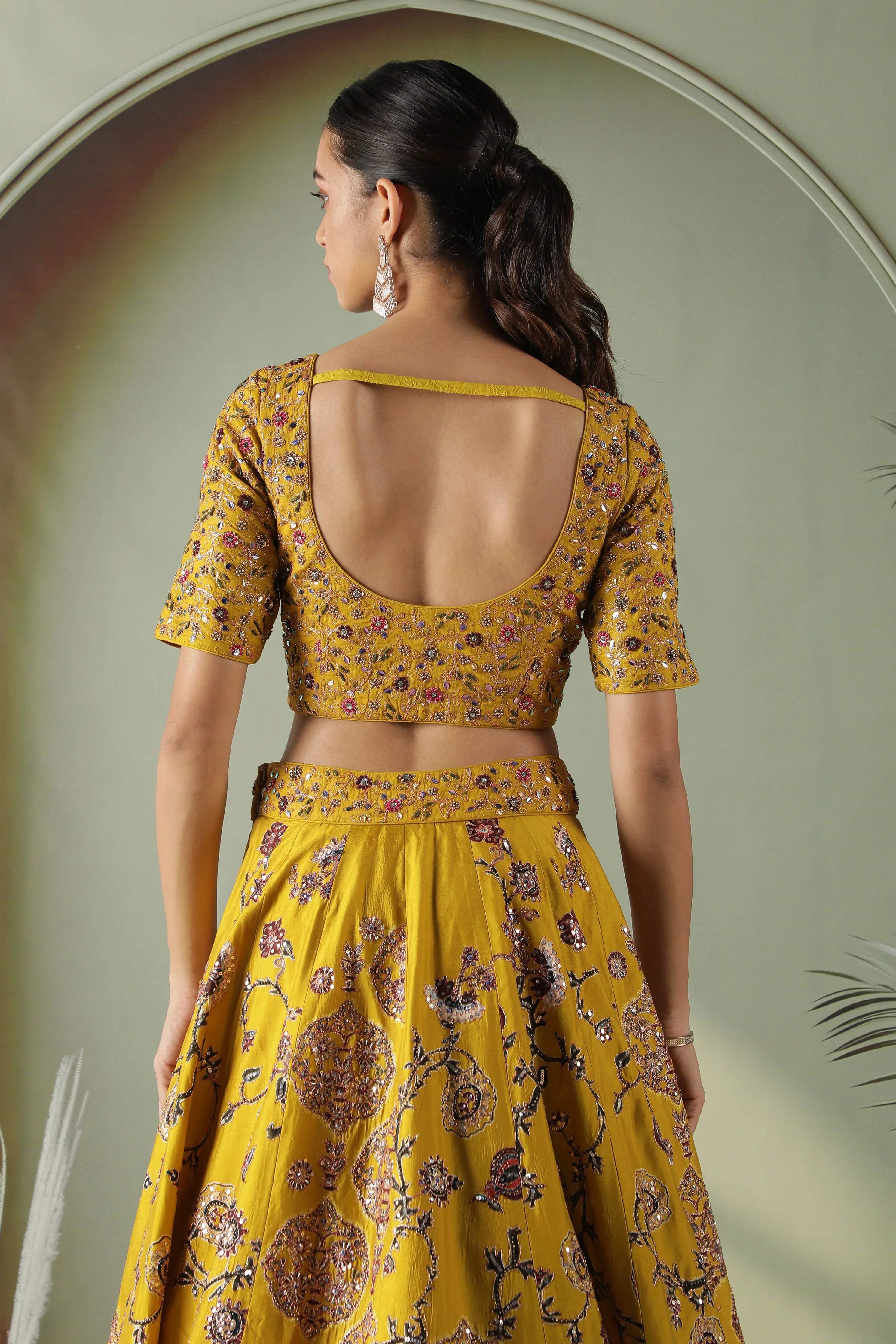 Yellow Printed Silk Lehenga Set - Mokshaa
