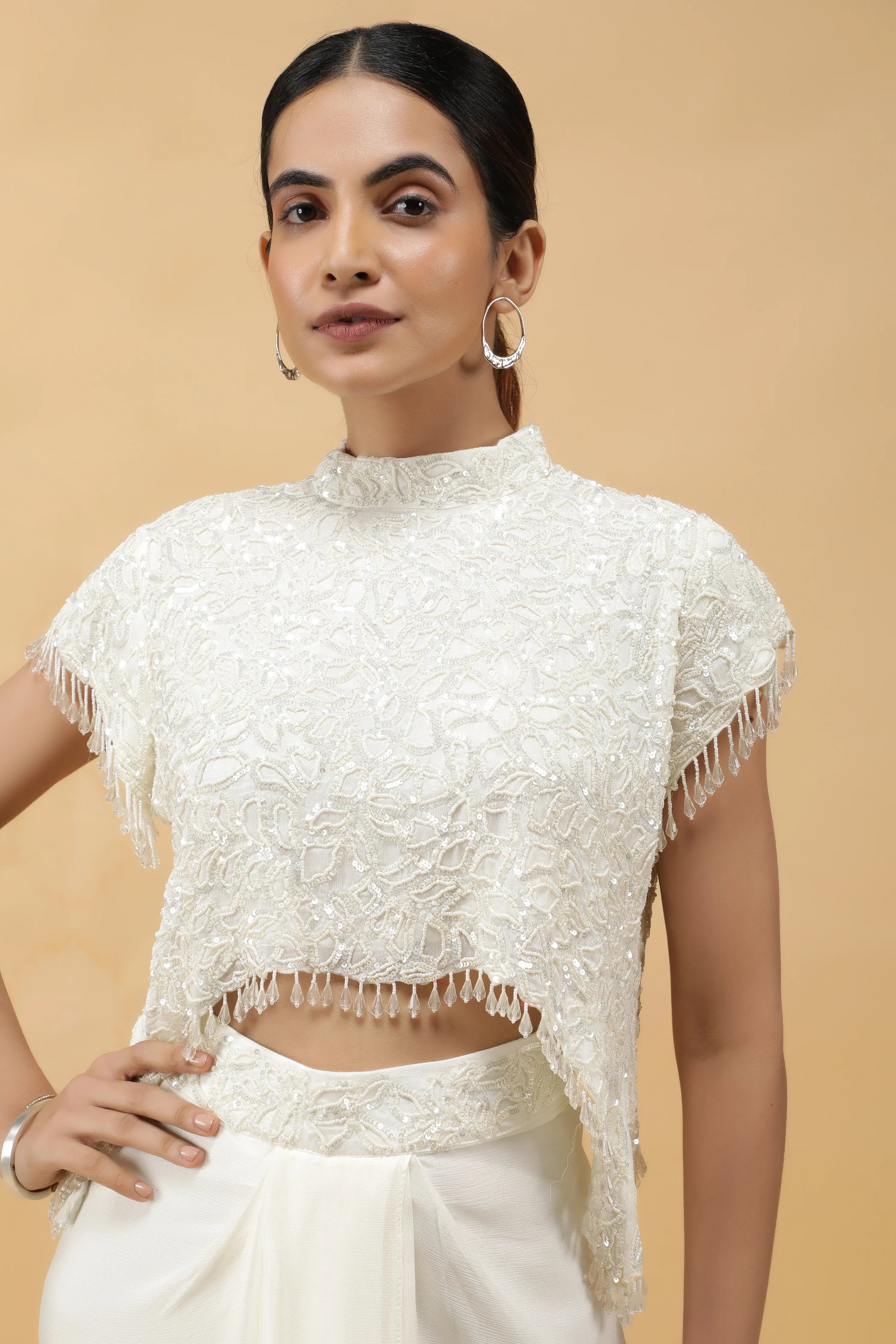 Ivory Gleam Pearl Sequin Crop Top & Draped Skirt Set - Mokshaa