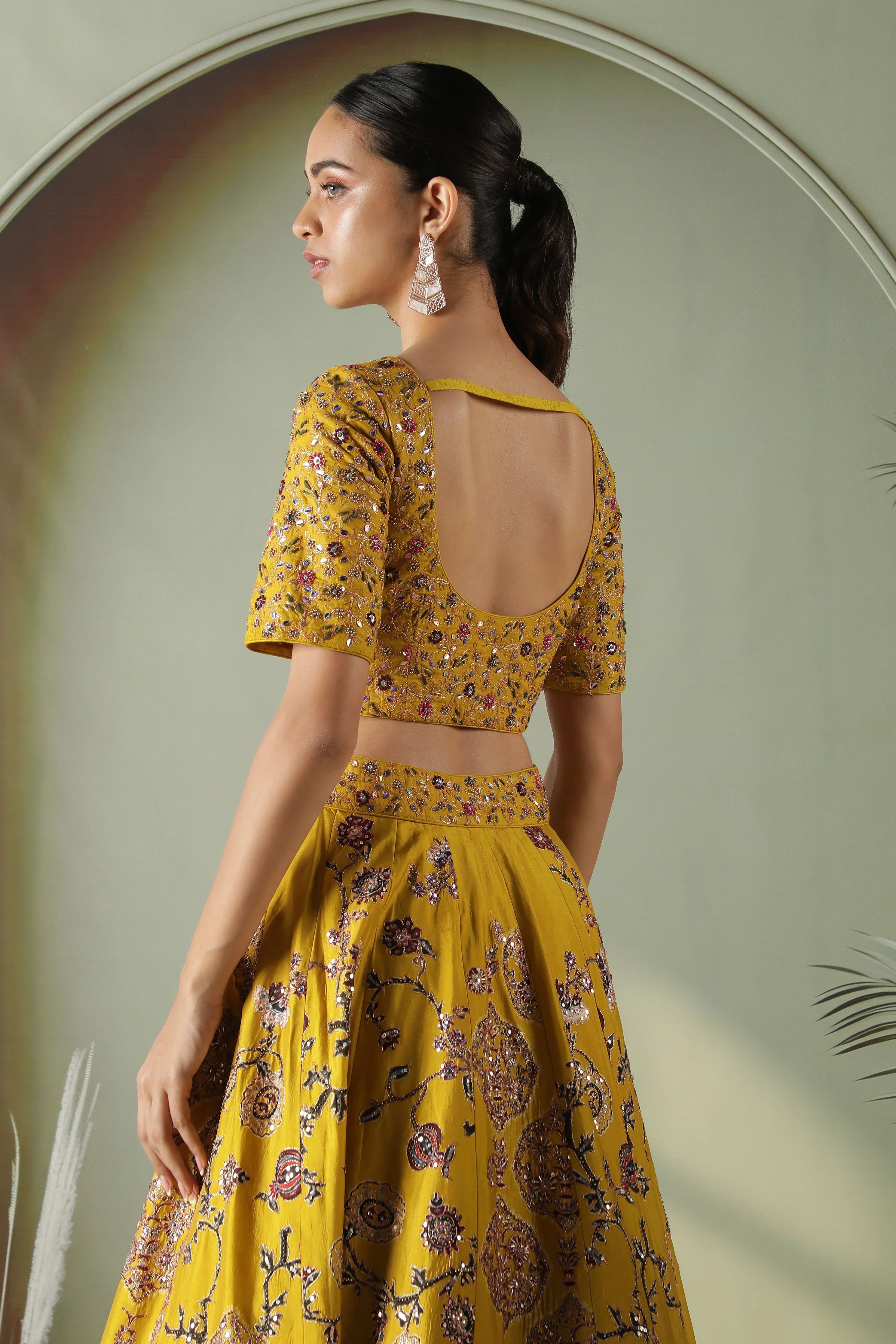 Yellow Printed Silk Lehenga Set - Mokshaa