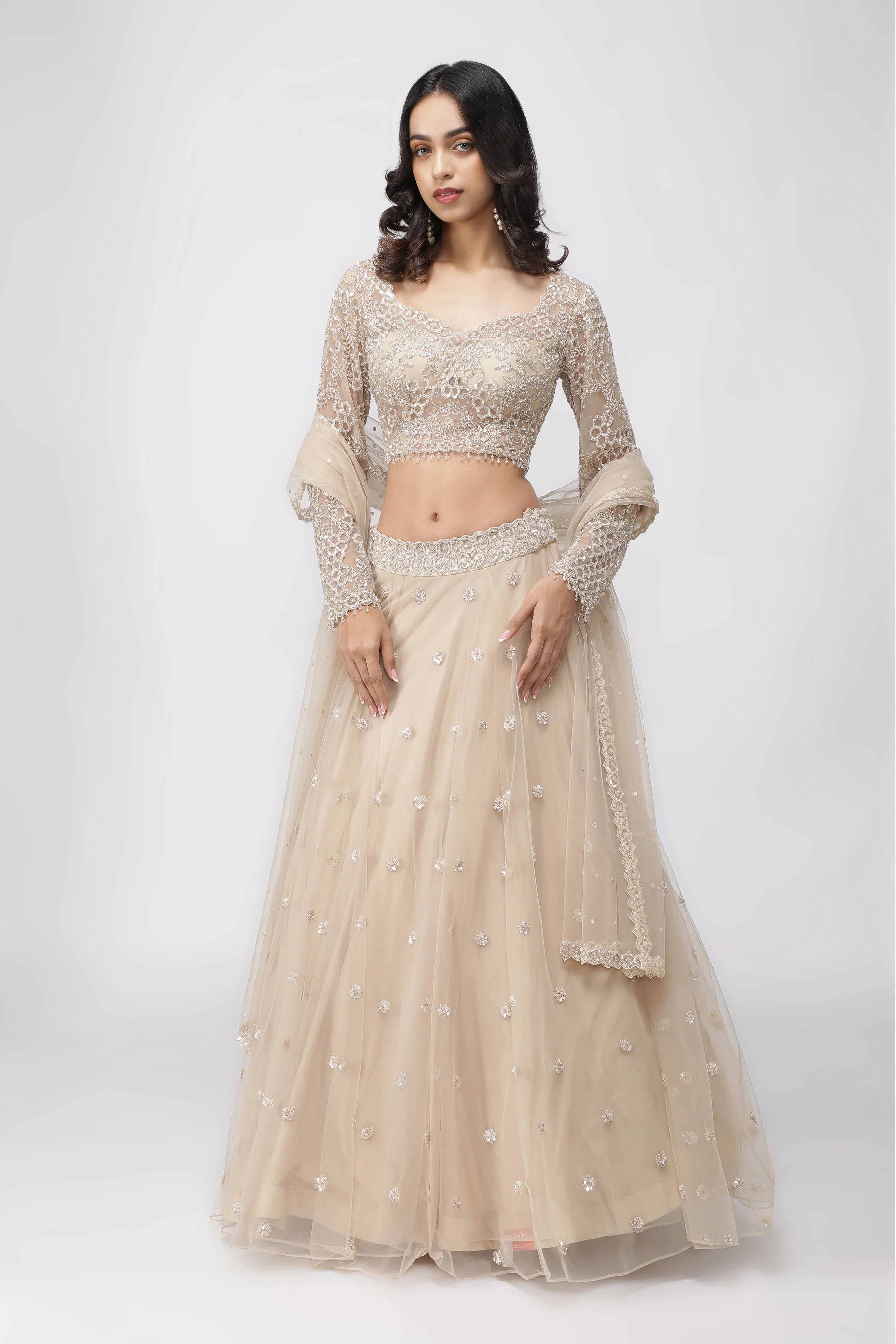 Light Beige Net Lehenga Set with Sequin and Cutdana Embroidery - Mokshaa