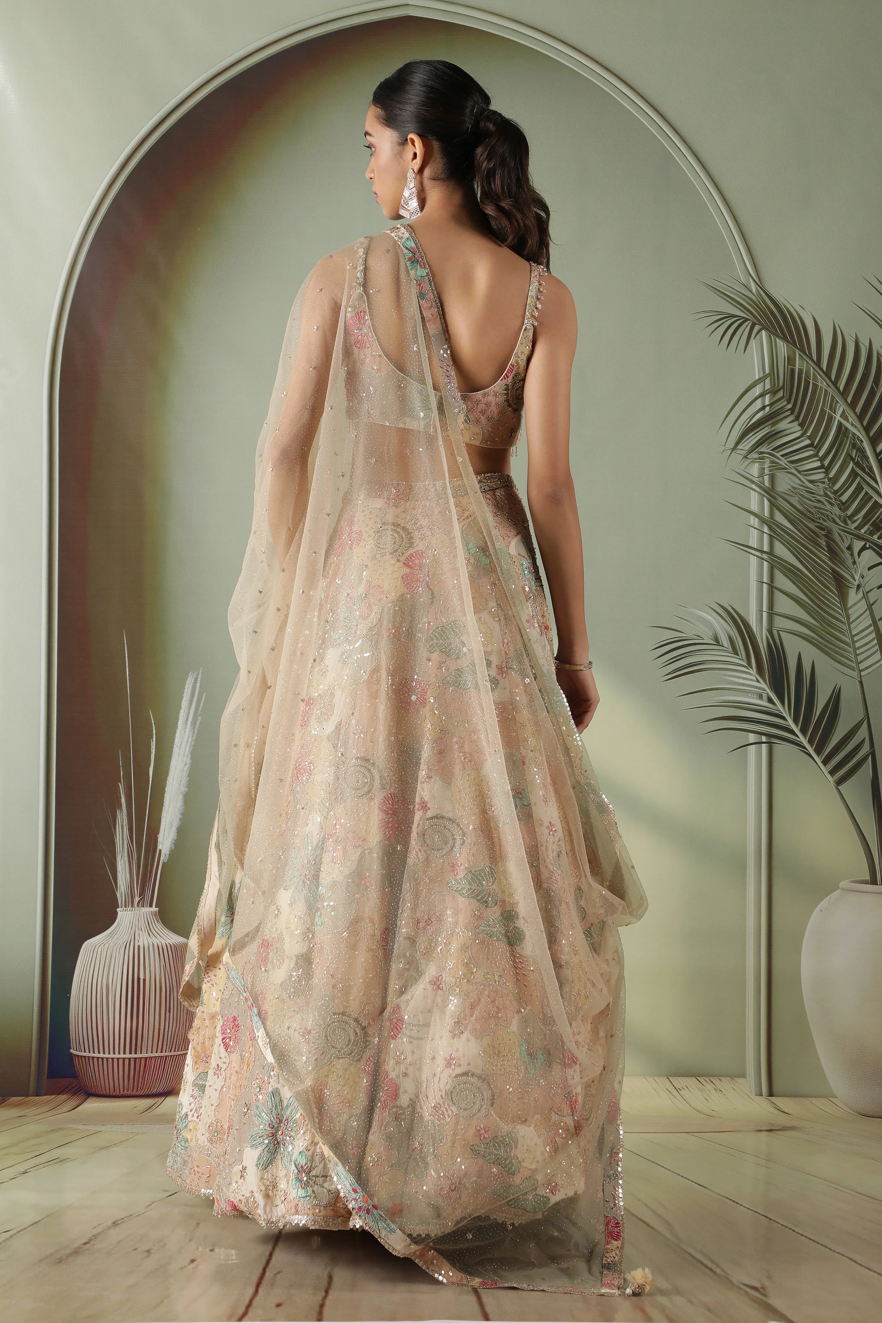 Beige Printed Silk Lehenga Set - Mokshaa