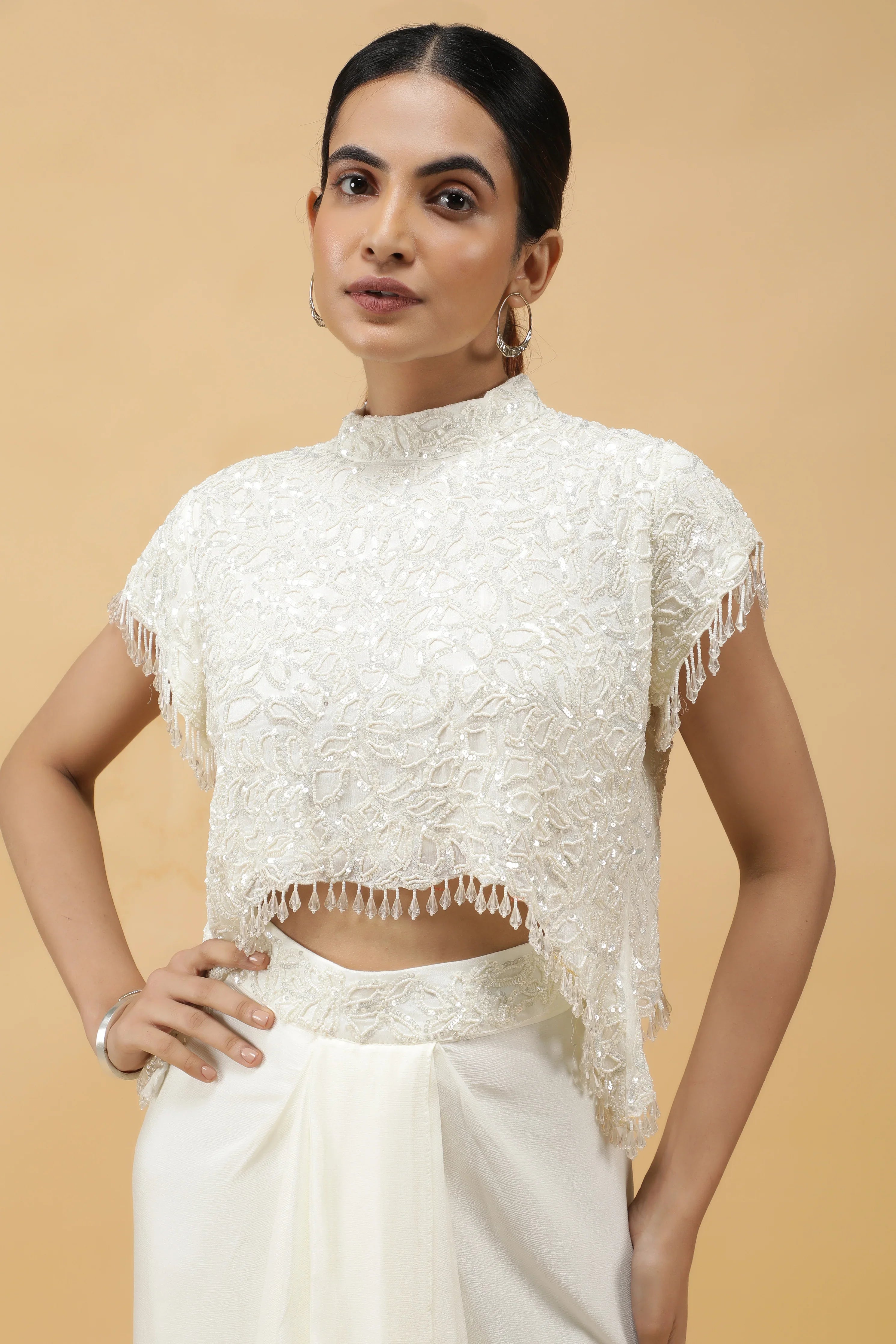 Ivory Gleam Pearl Sequin Crop Top & Draped Skirt Set - Mokshaa