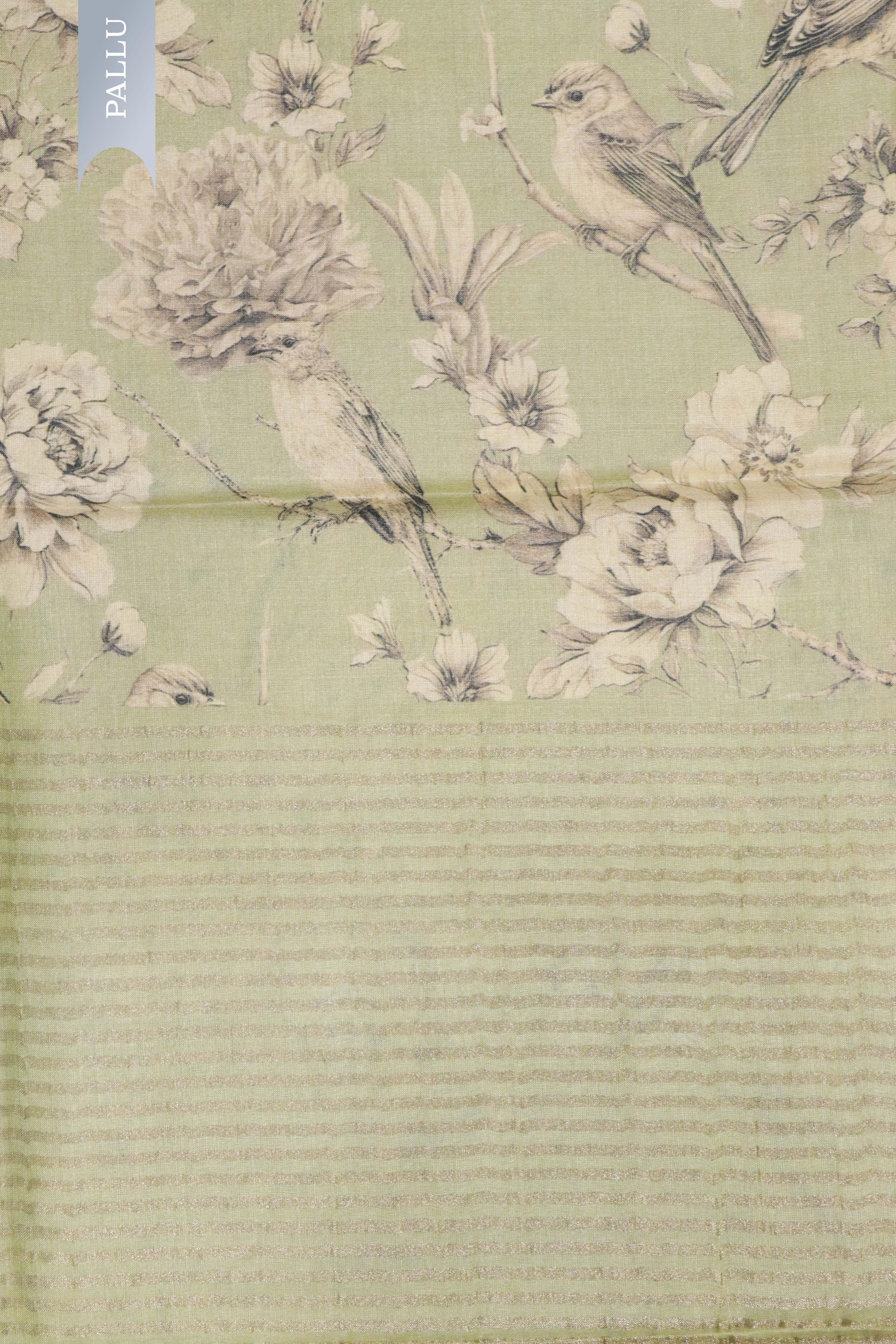 Green Tussar Silk Saree with Bird & Floral Print Border - Mokshaa
