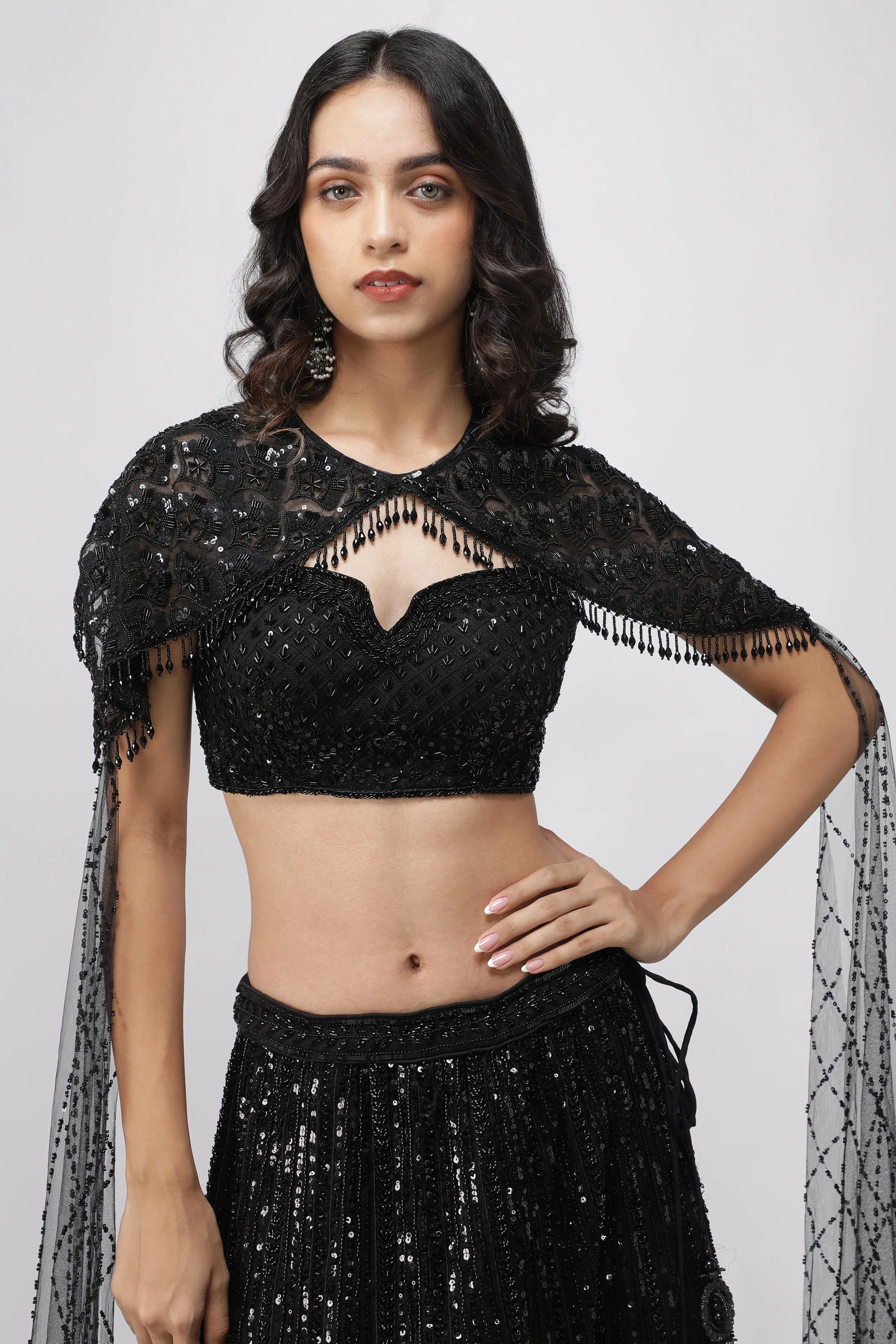 Black Net Embroidered Lehenga Set with Cape Dupatta - Mokshaa