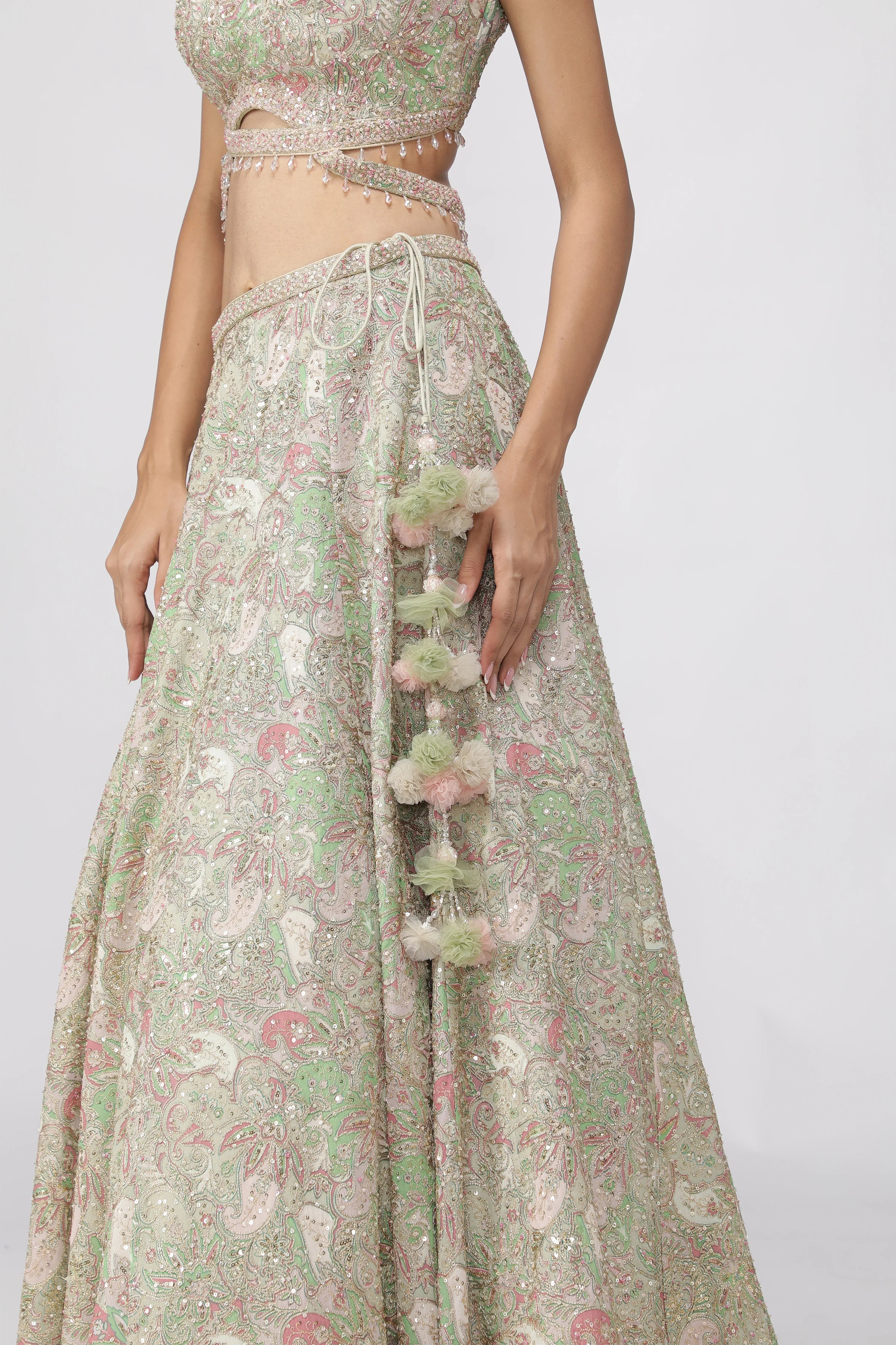 Pastel Green Printed Georgette Lehenga Set with Embellished Blouse - Mokshaa