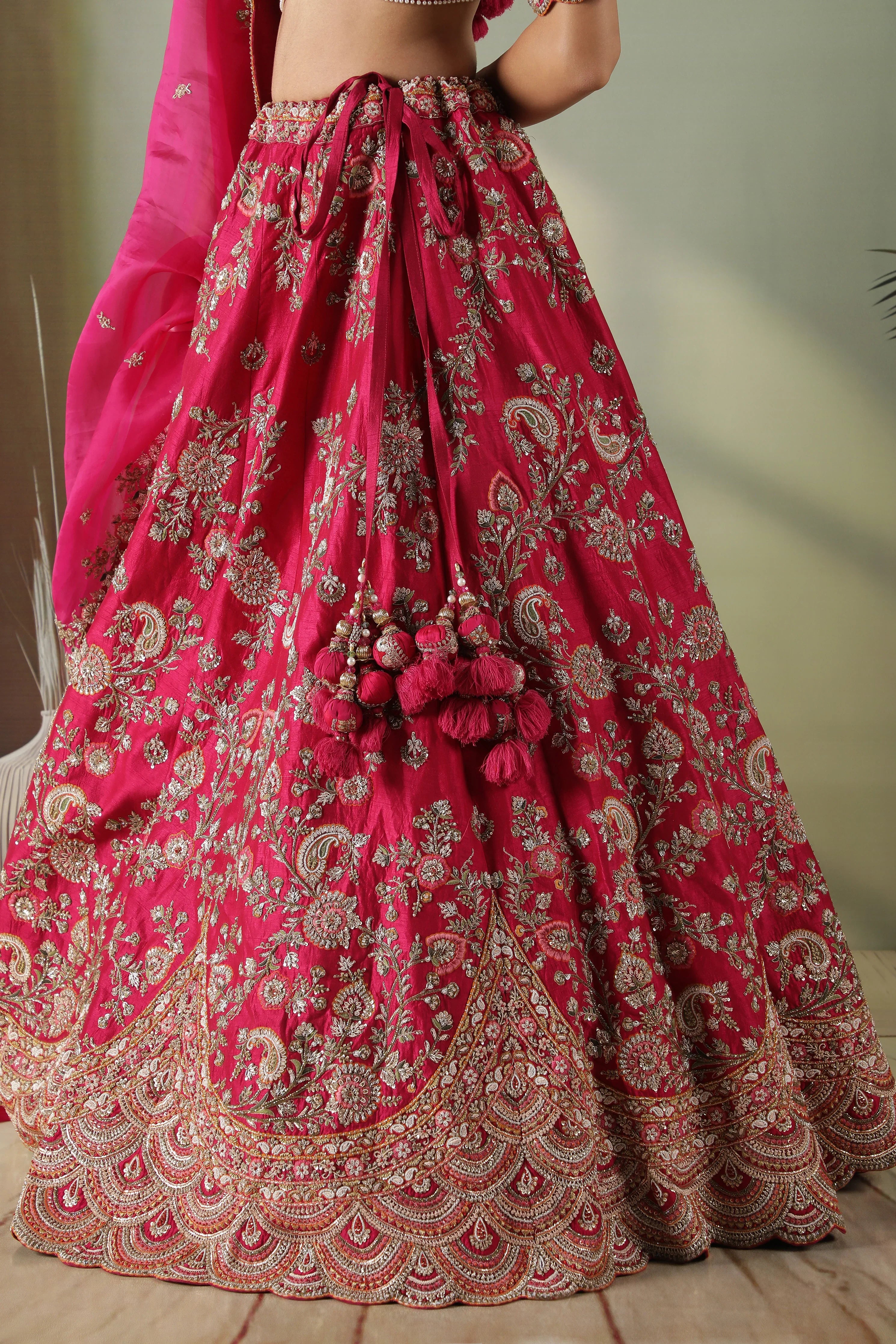 Pink Raw Silk Bridal Lehenga with Organza Dupatta - Mokshaa