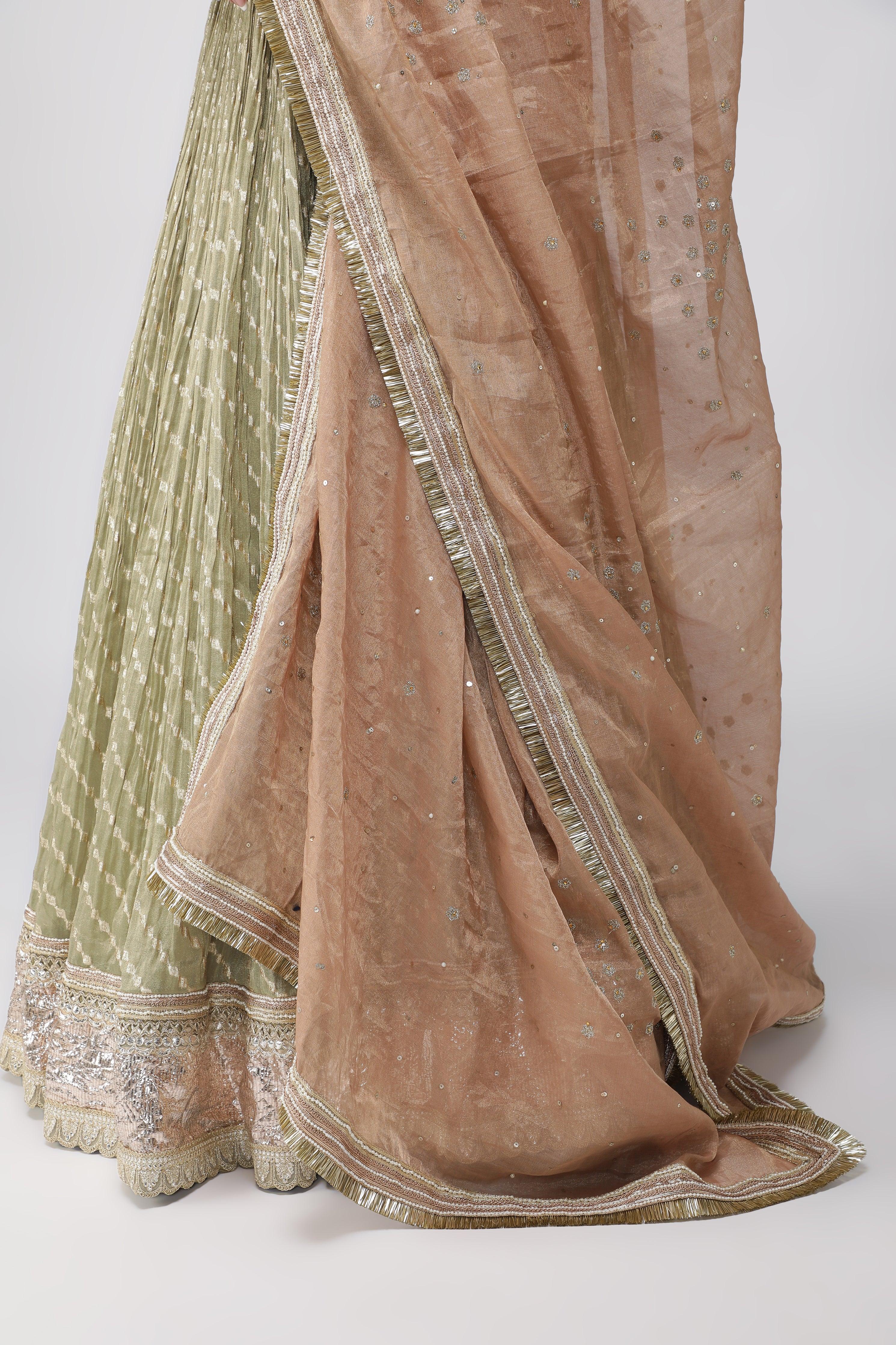 Green Chanderi Tissue Lehenga with Zari and Sequins Embroidery - Mokshaa