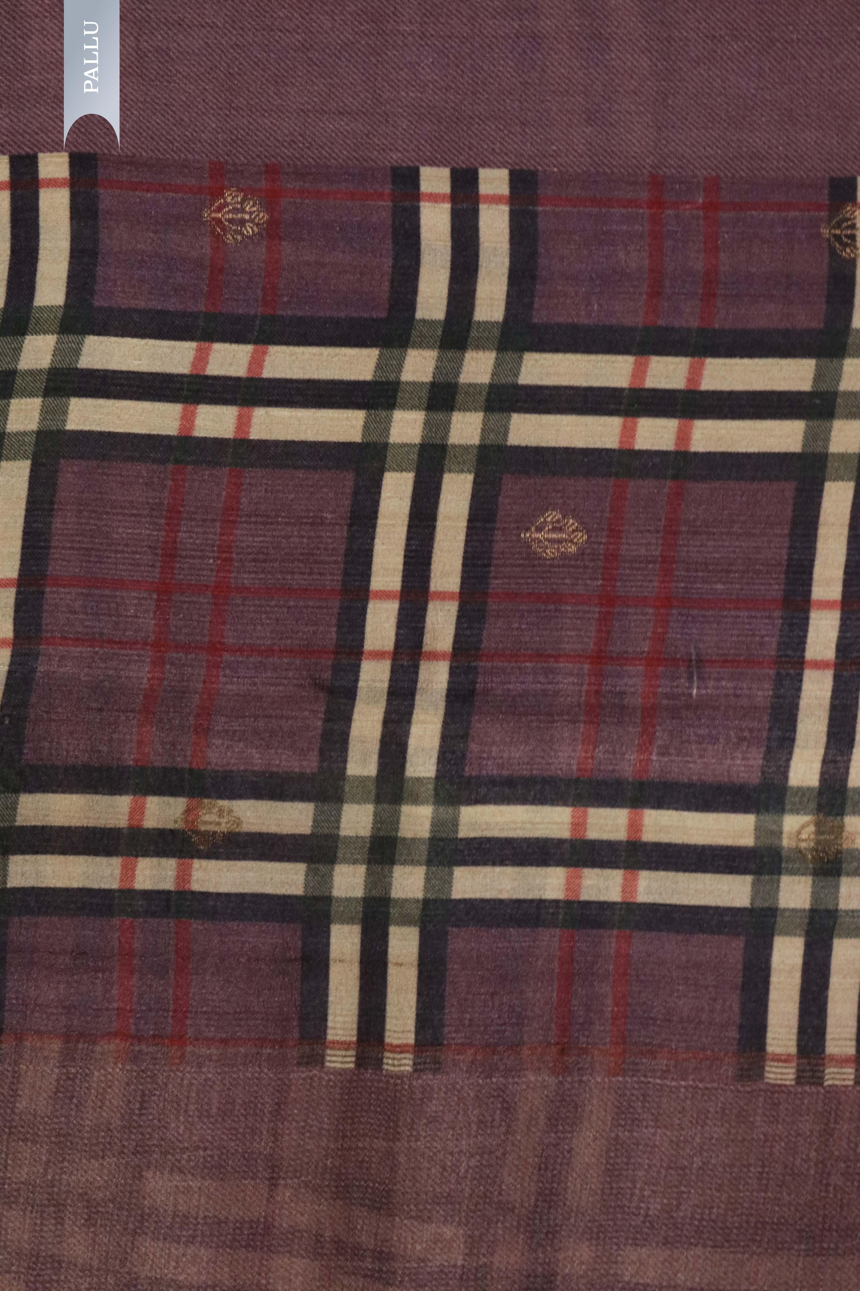 Wine Tussar Silk Saree with Satin Checks Border - Mokshaa