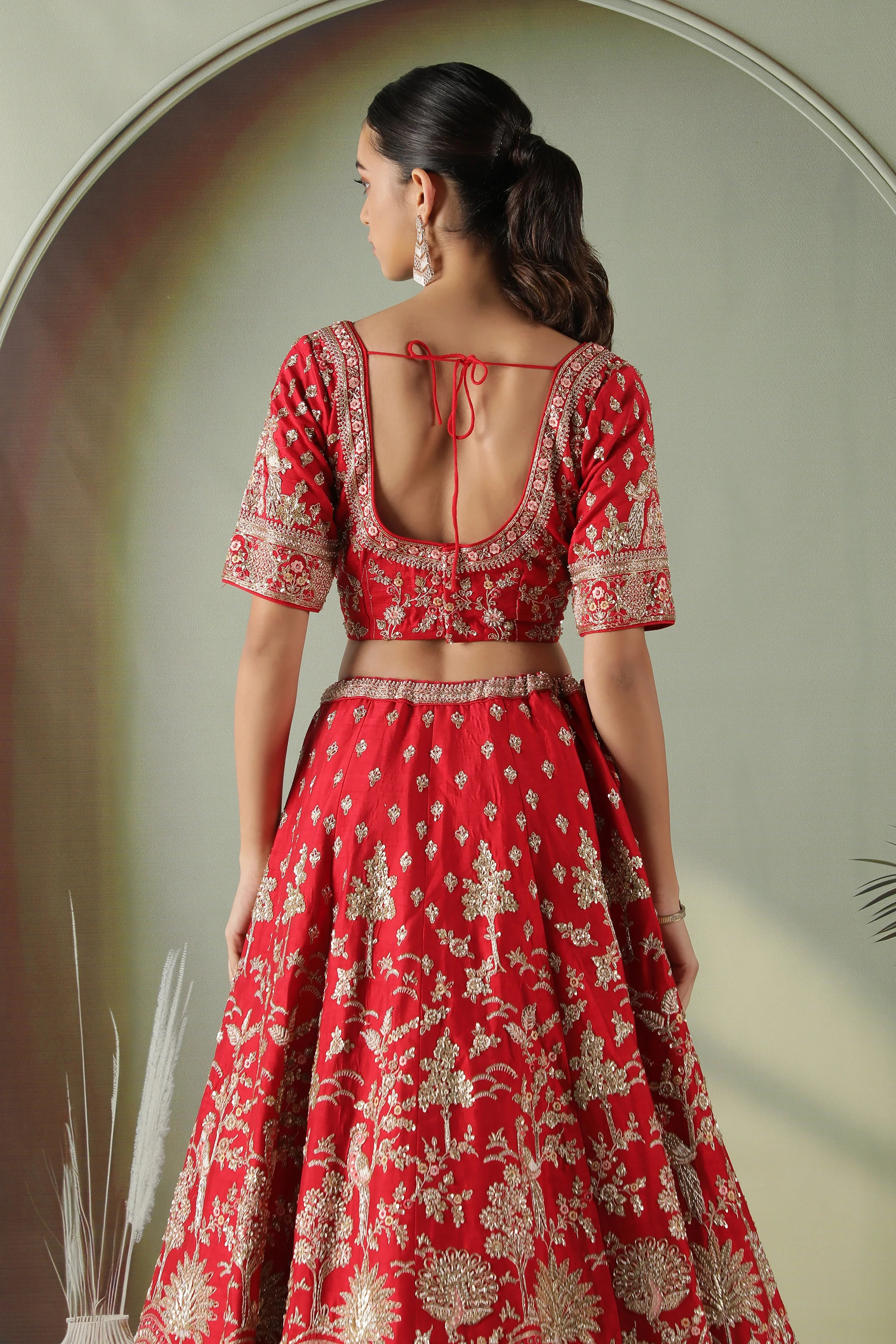 Scarlet Red Raw Silk Bridal Lehenga Set - Mokshaa