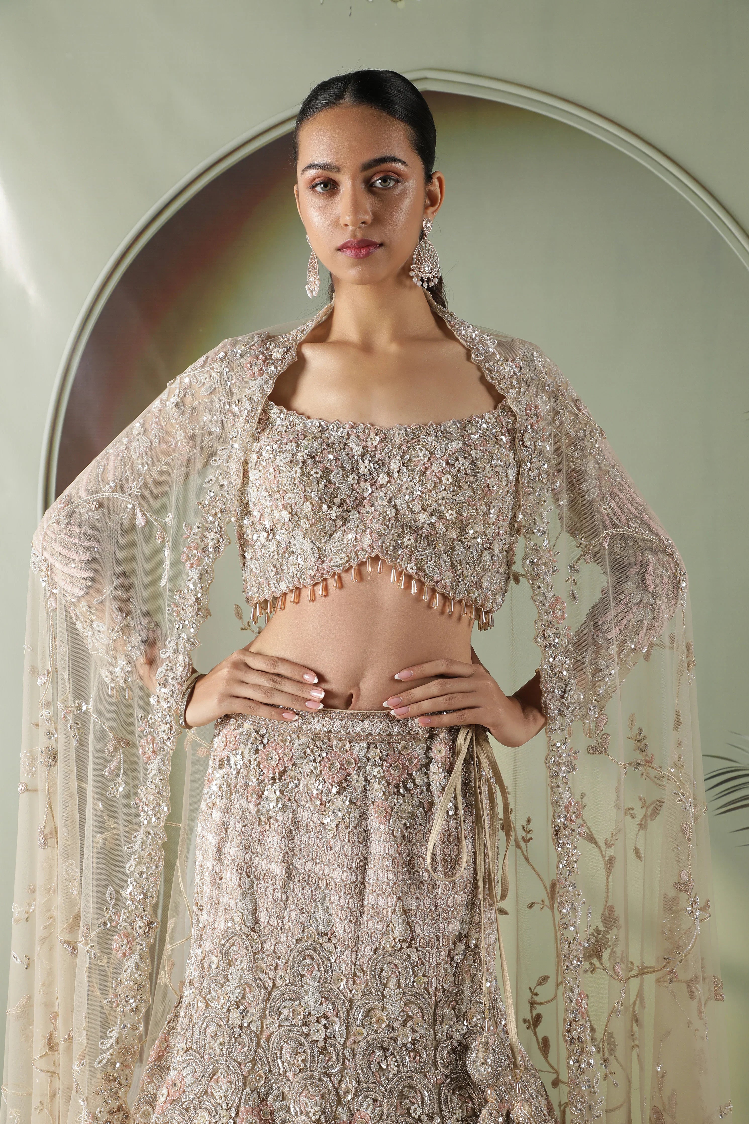 Beige Gold Mermaid Cut Bridal Lehenga Set with Trail - Mokshaa