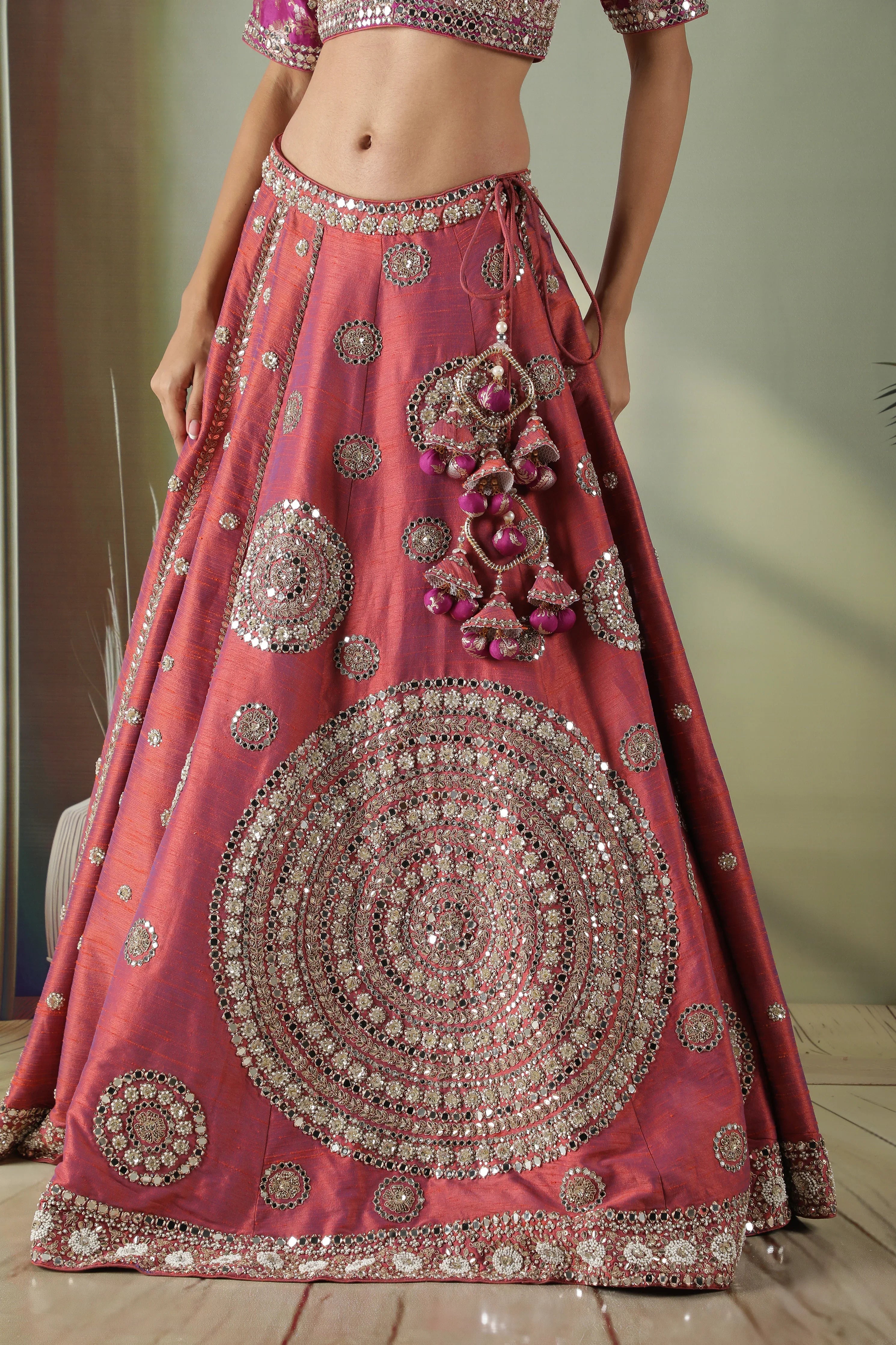 Dark Coral Raw Silk Mirror Work Lehenga Set - Mokshaa