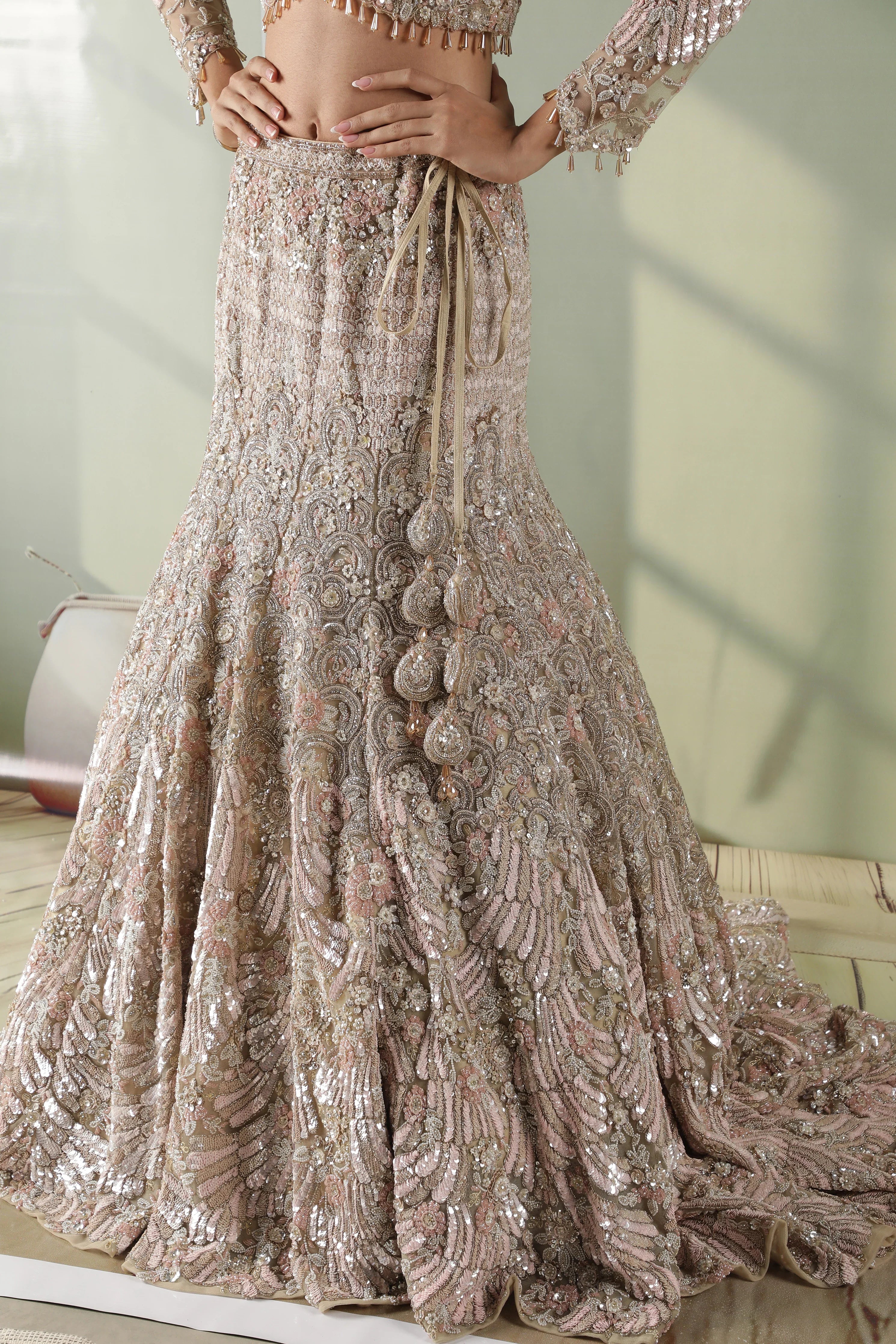 Beige Gold Mermaid Cut Bridal Lehenga Set with Trail - Mokshaa