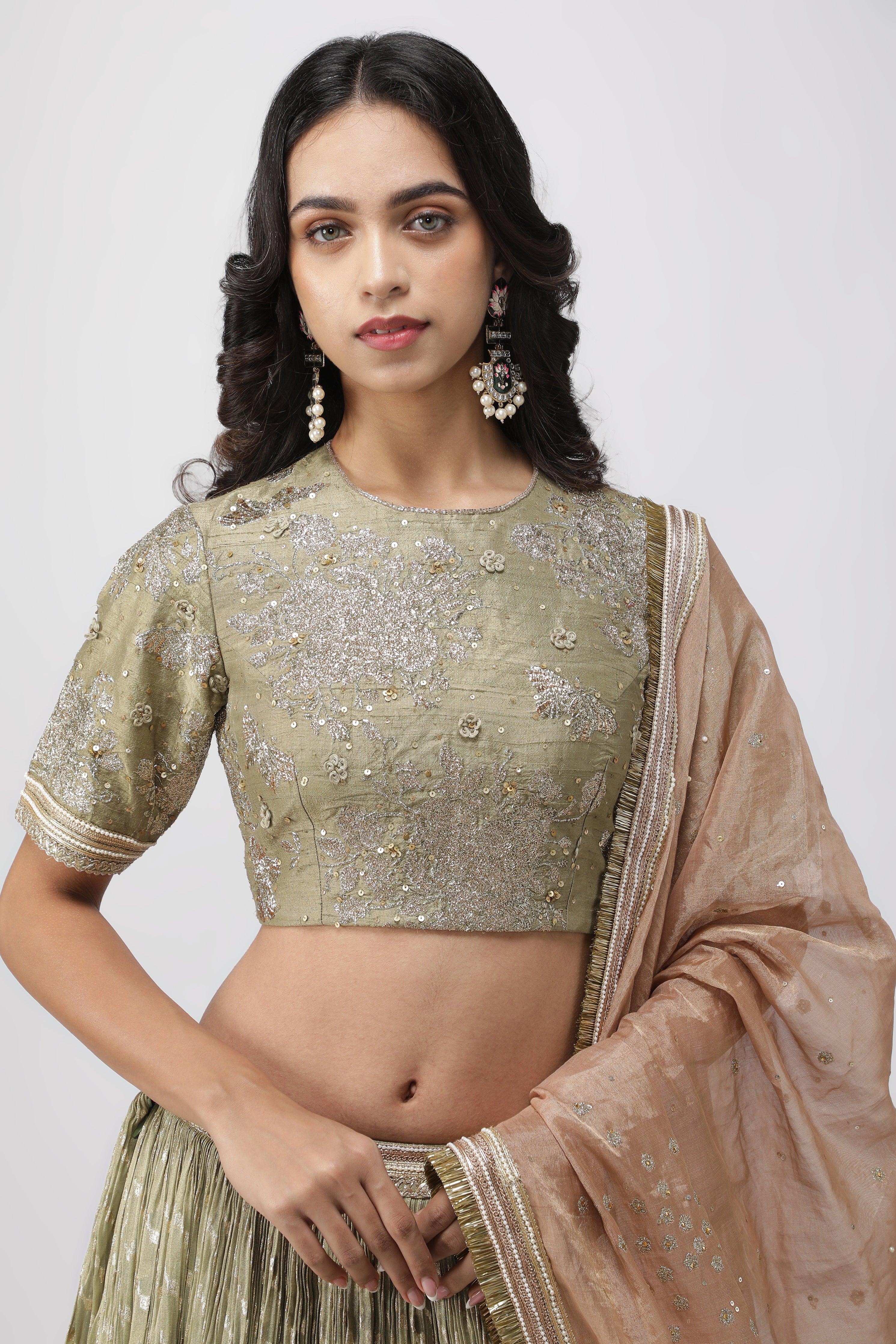 Green Chanderi Tissue Lehenga with Zari and Sequins Embroidery - Mokshaa