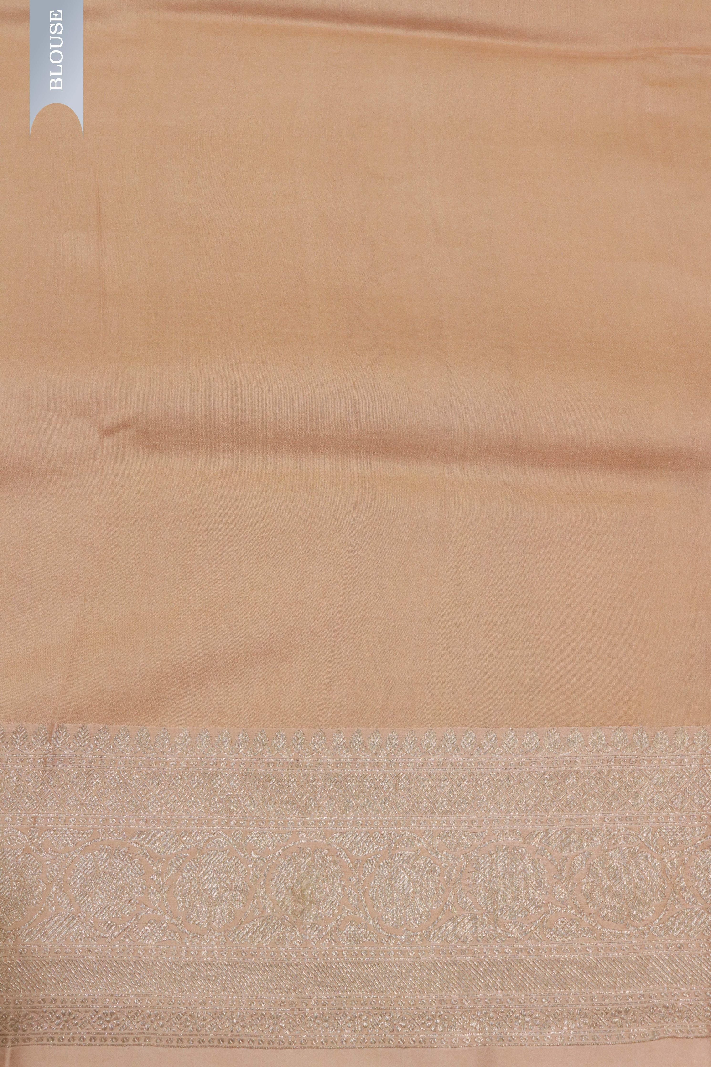 Tussar Silk Saree in Peach with Floral Print & Zari Border - Mokshaa