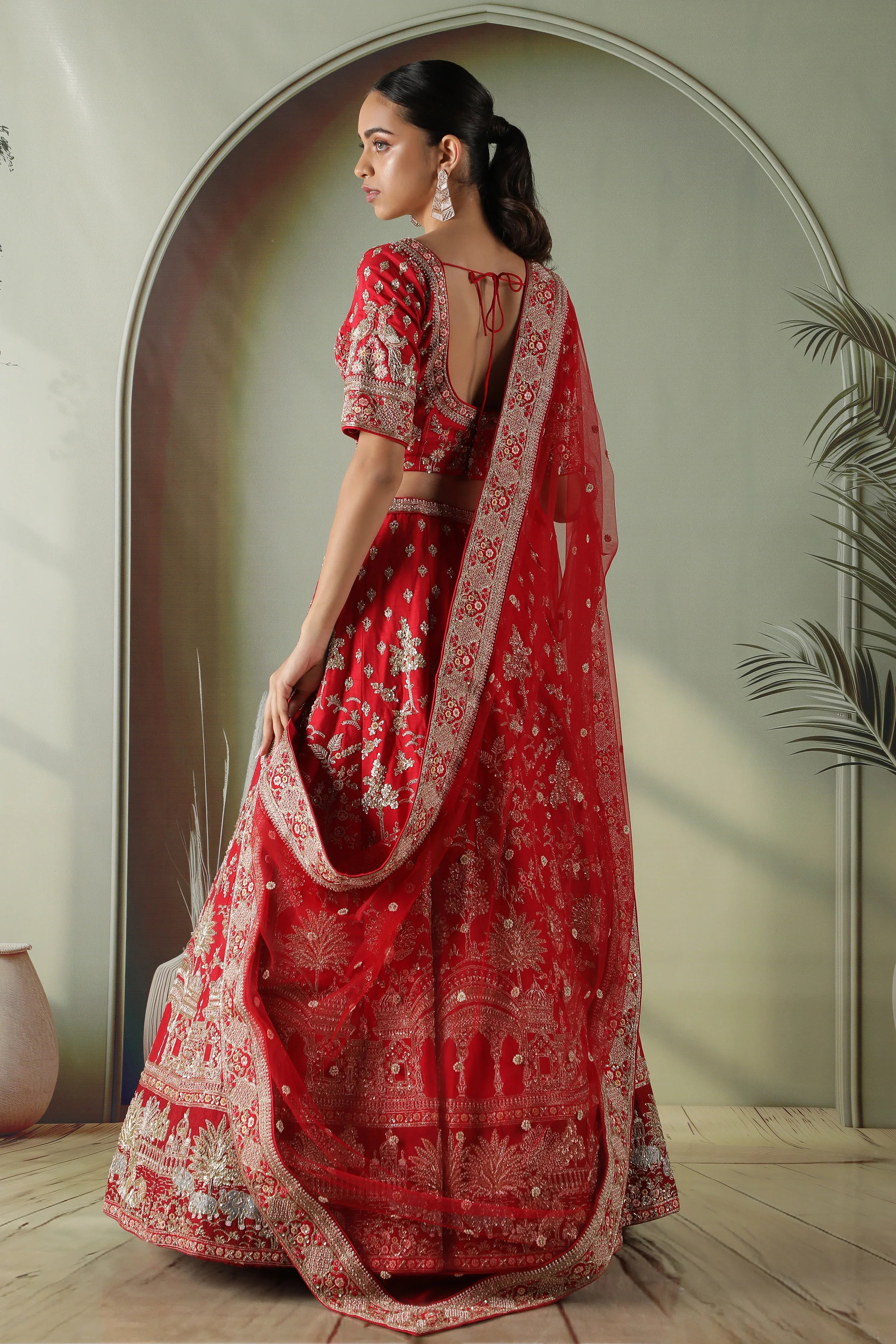 Scarlet Red Raw Silk Bridal Lehenga Set - Mokshaa