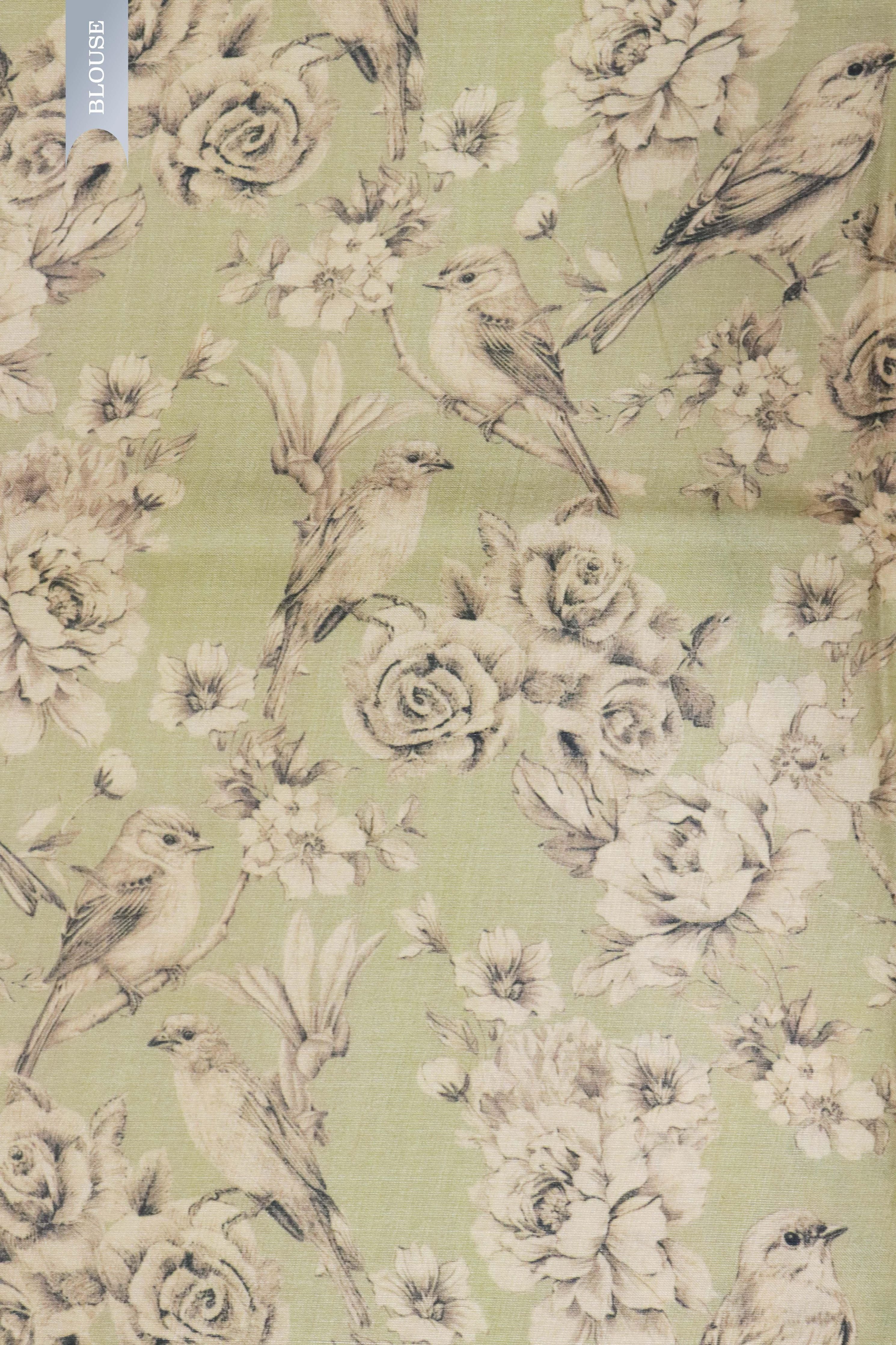 Green Tussar Silk Saree with Bird & Floral Print Border - Mokshaa