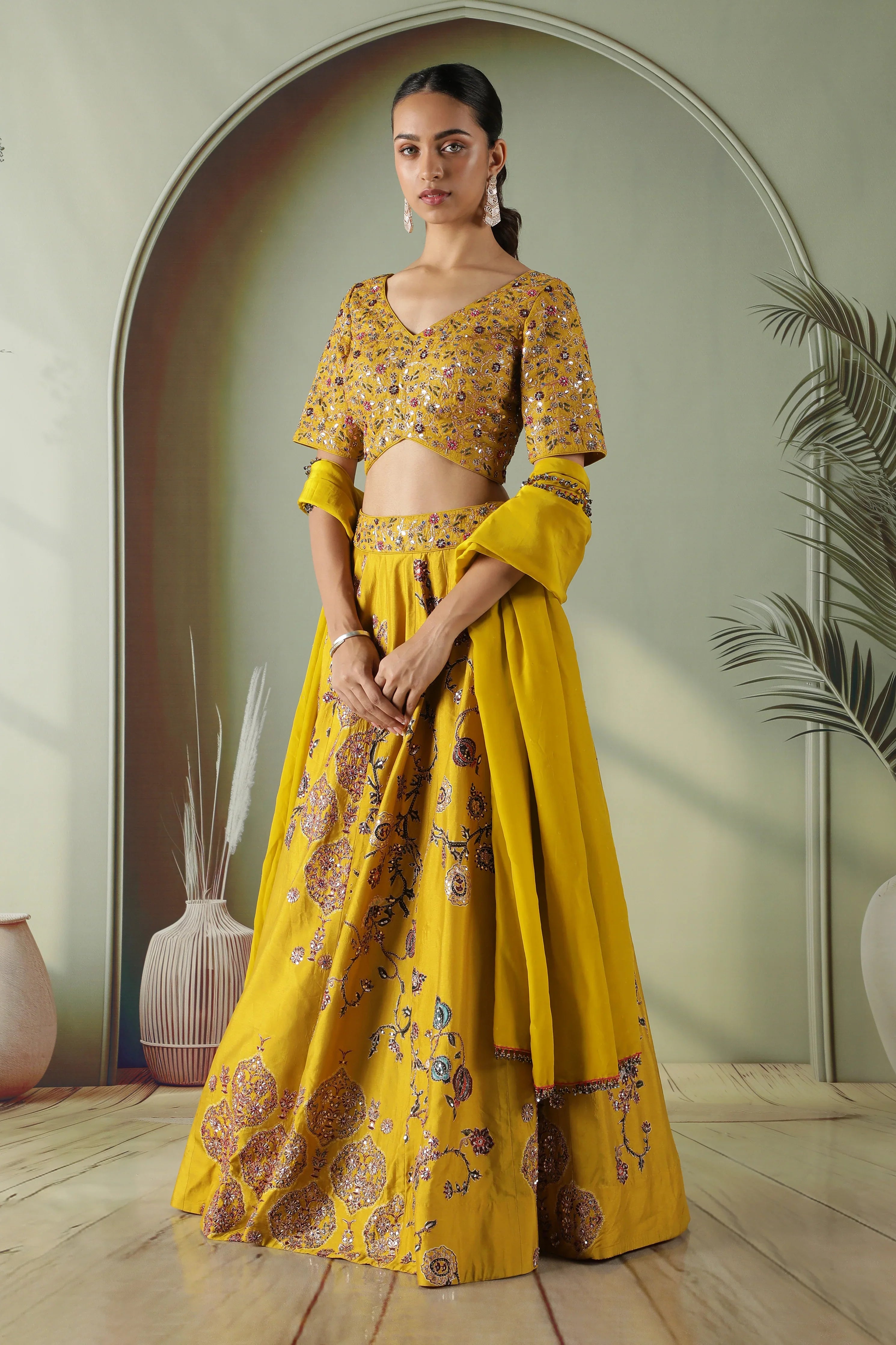 Yellow Printed Silk Lehenga Set - Mokshaa