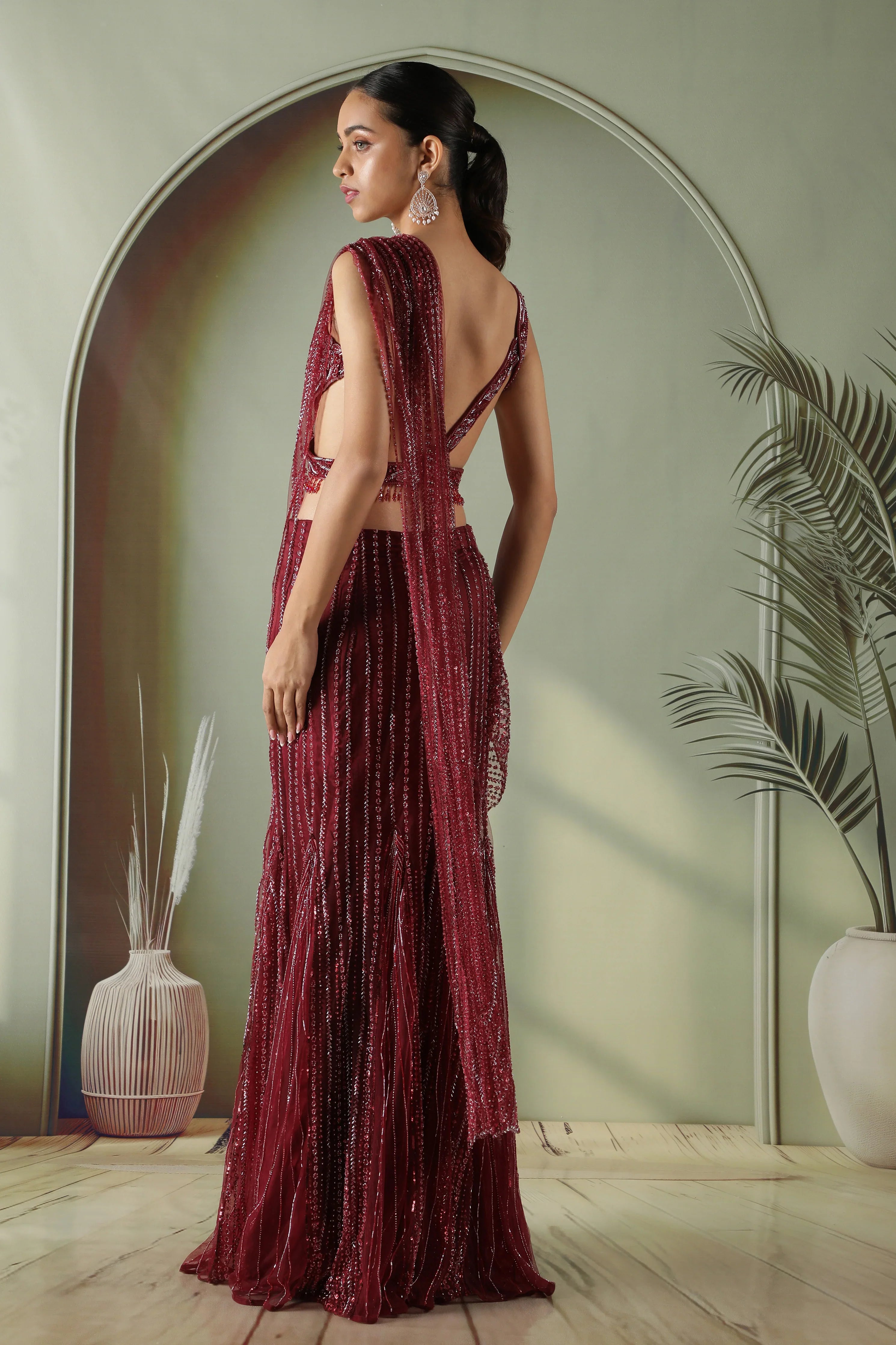 Wine Red Mermaid Cut Draped Net Skirt Set - Mokshaa
