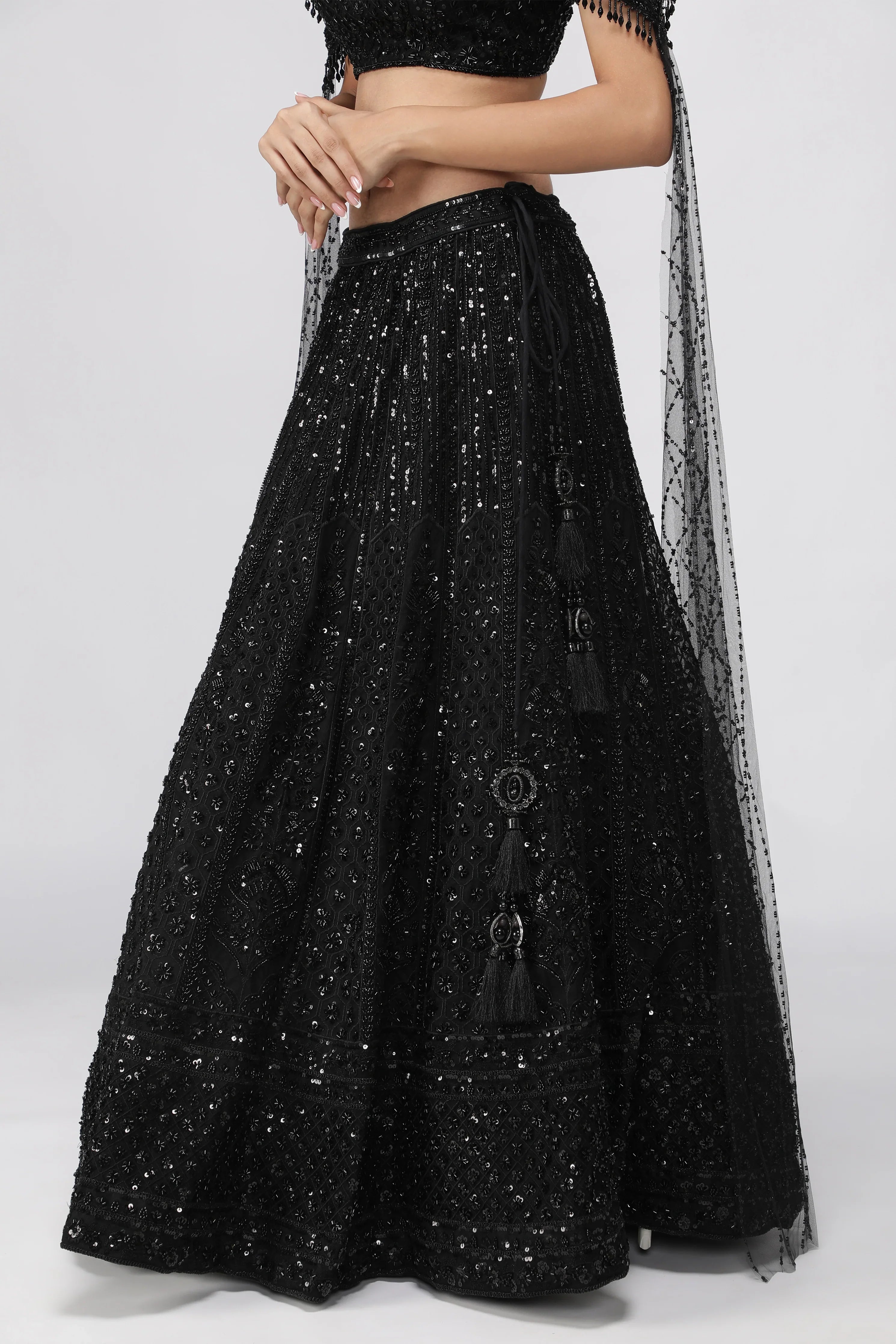 Black Net Embroidered Lehenga Set with Cape Dupatta - Mokshaa