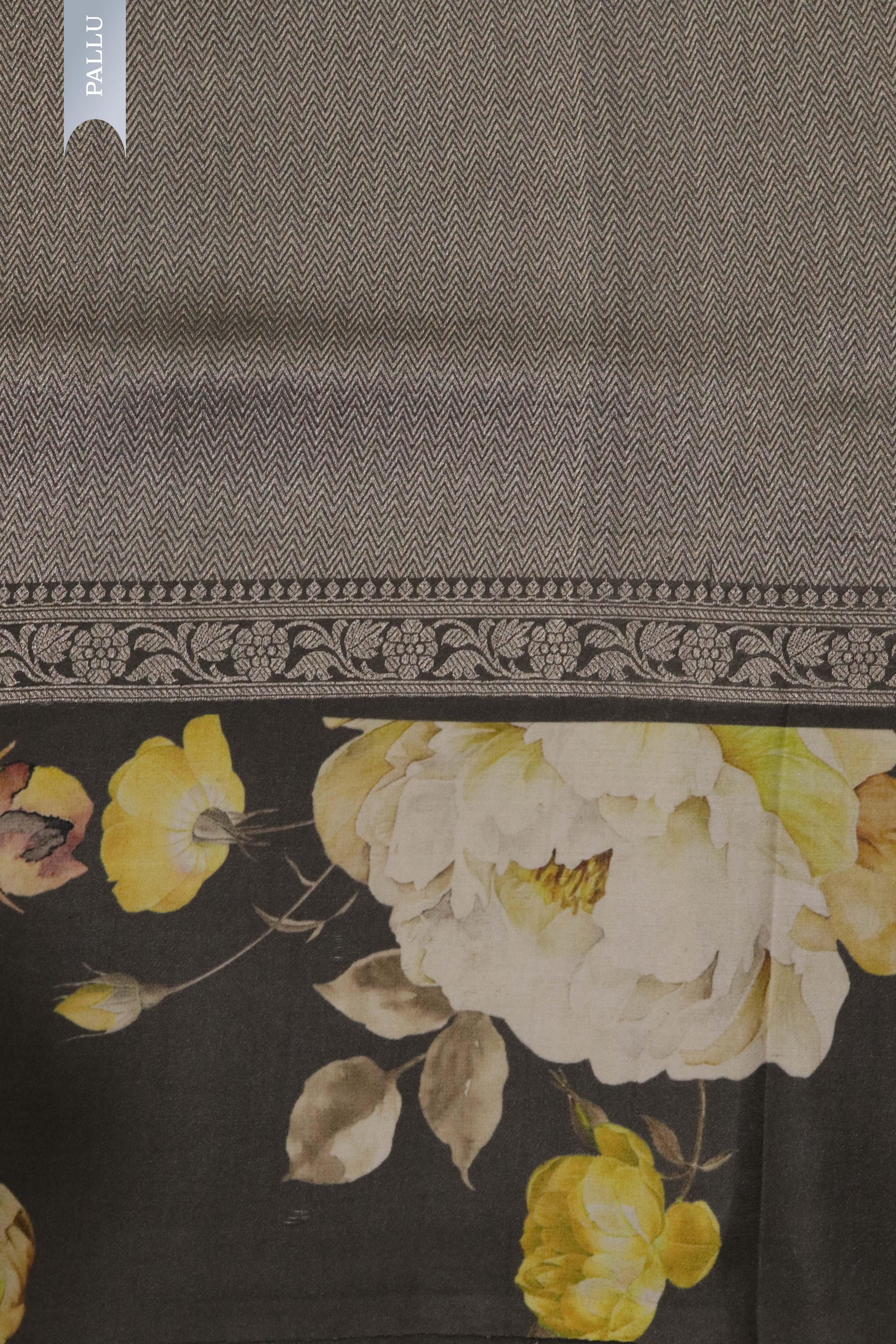 Grey Tussar Silk Saree with Silver Zari Motifs & Floral Print - Mokshaa