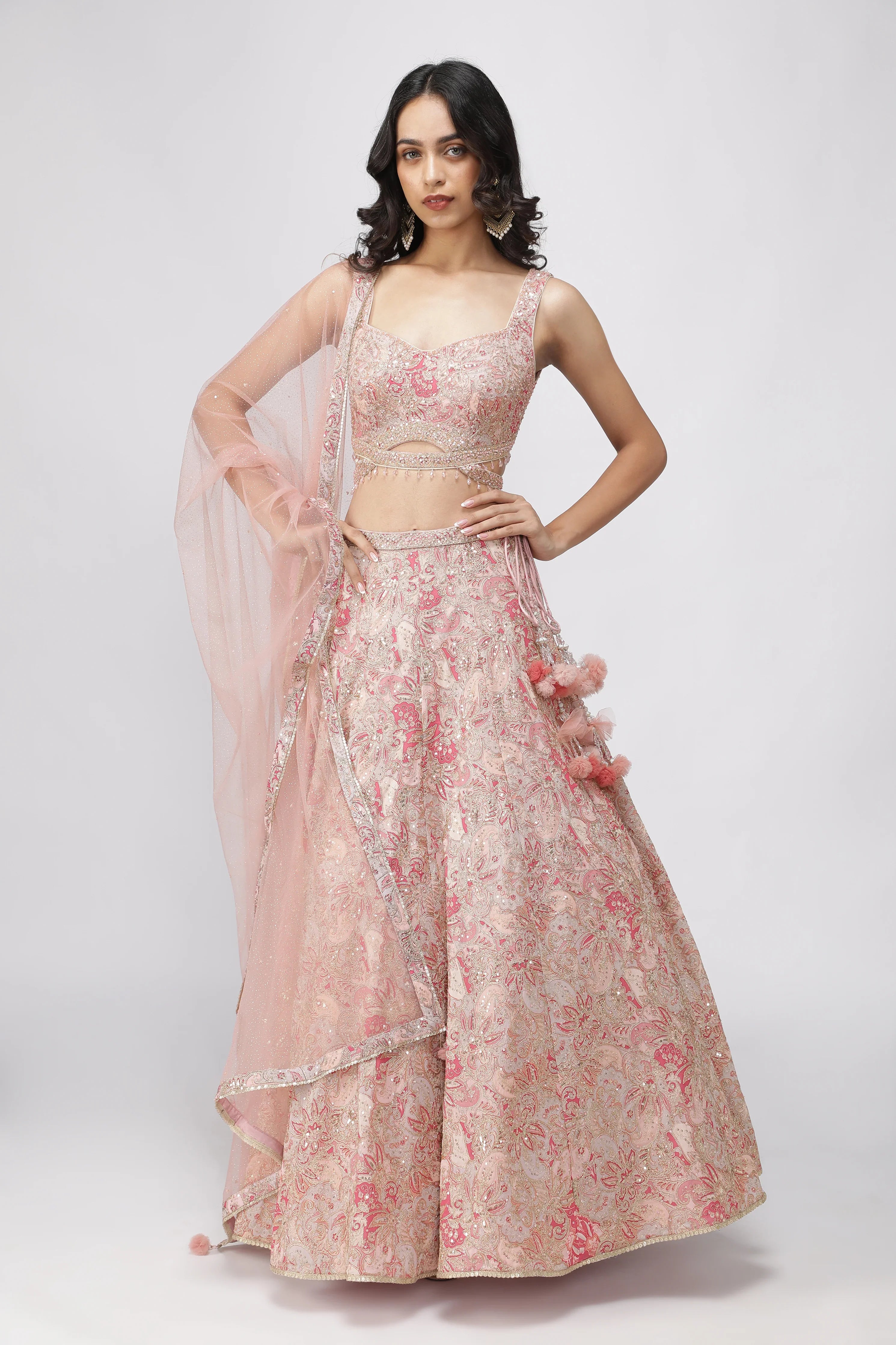 Peach Printed Georgette Lehenga Set with Net Dupatta - Mokshaa