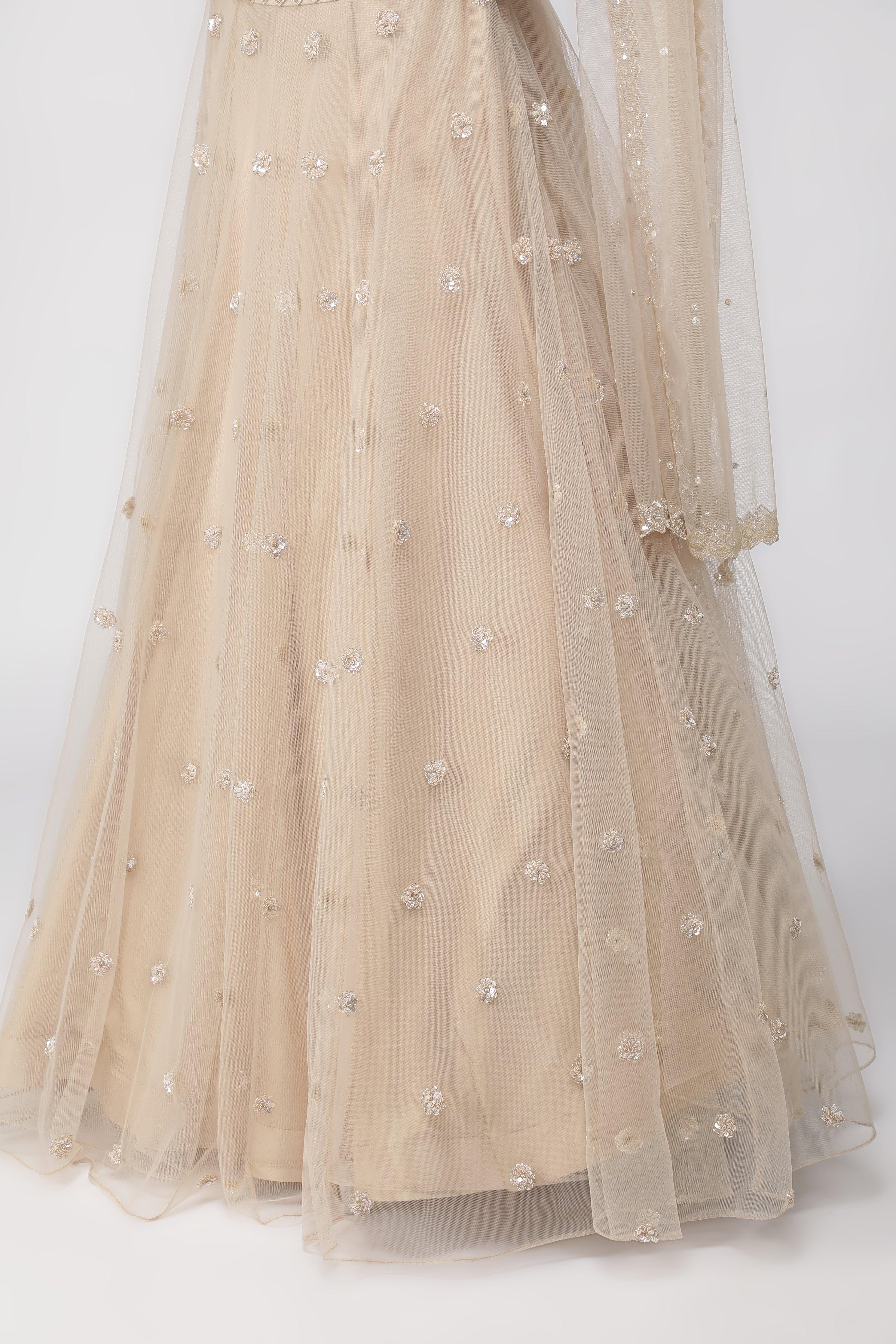 Light Beige Net Lehenga Set with Sequin and Cutdana Embroidery - Mokshaa