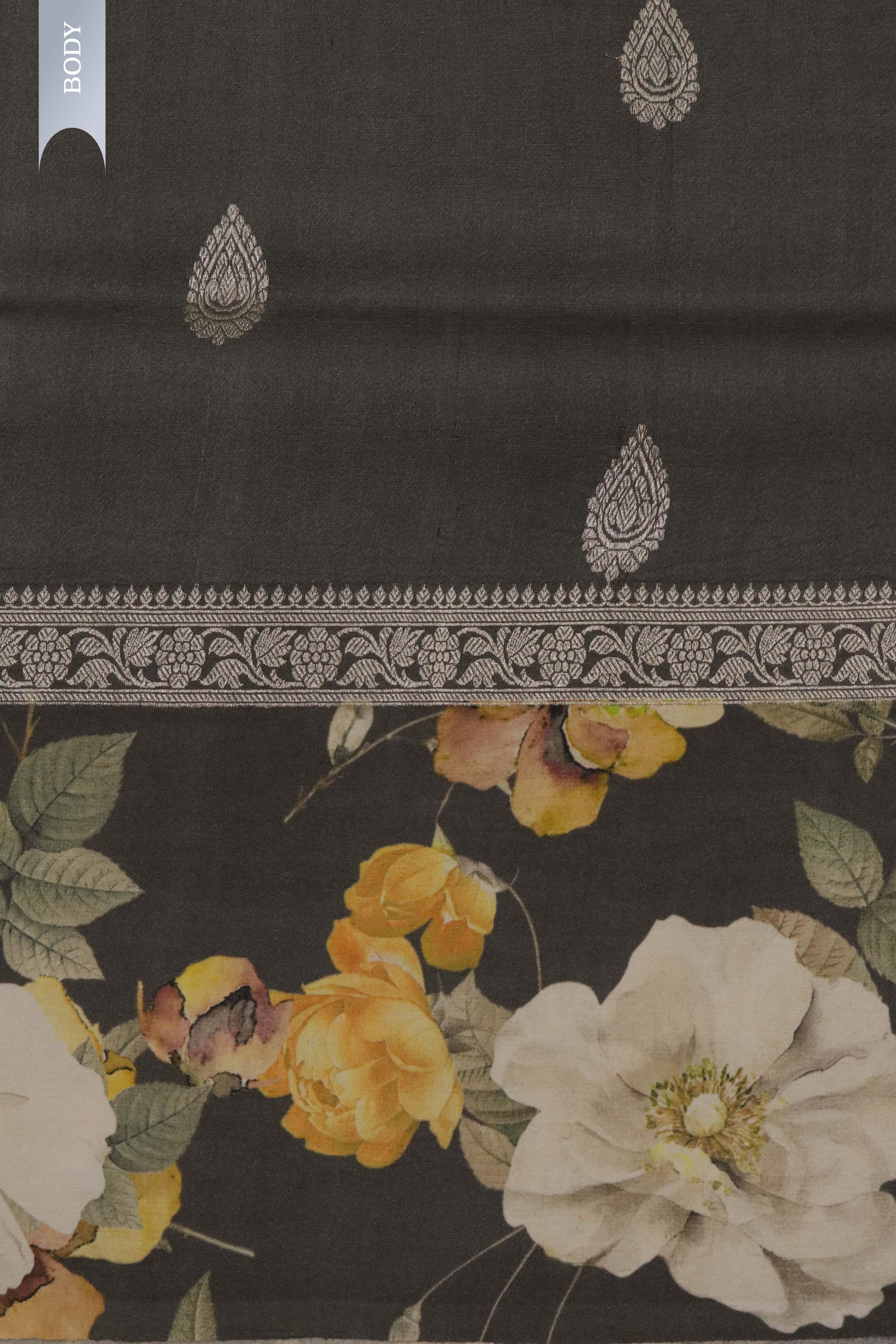 Grey Tussar Silk Saree with Silver Zari Motifs & Floral Print - Mokshaa