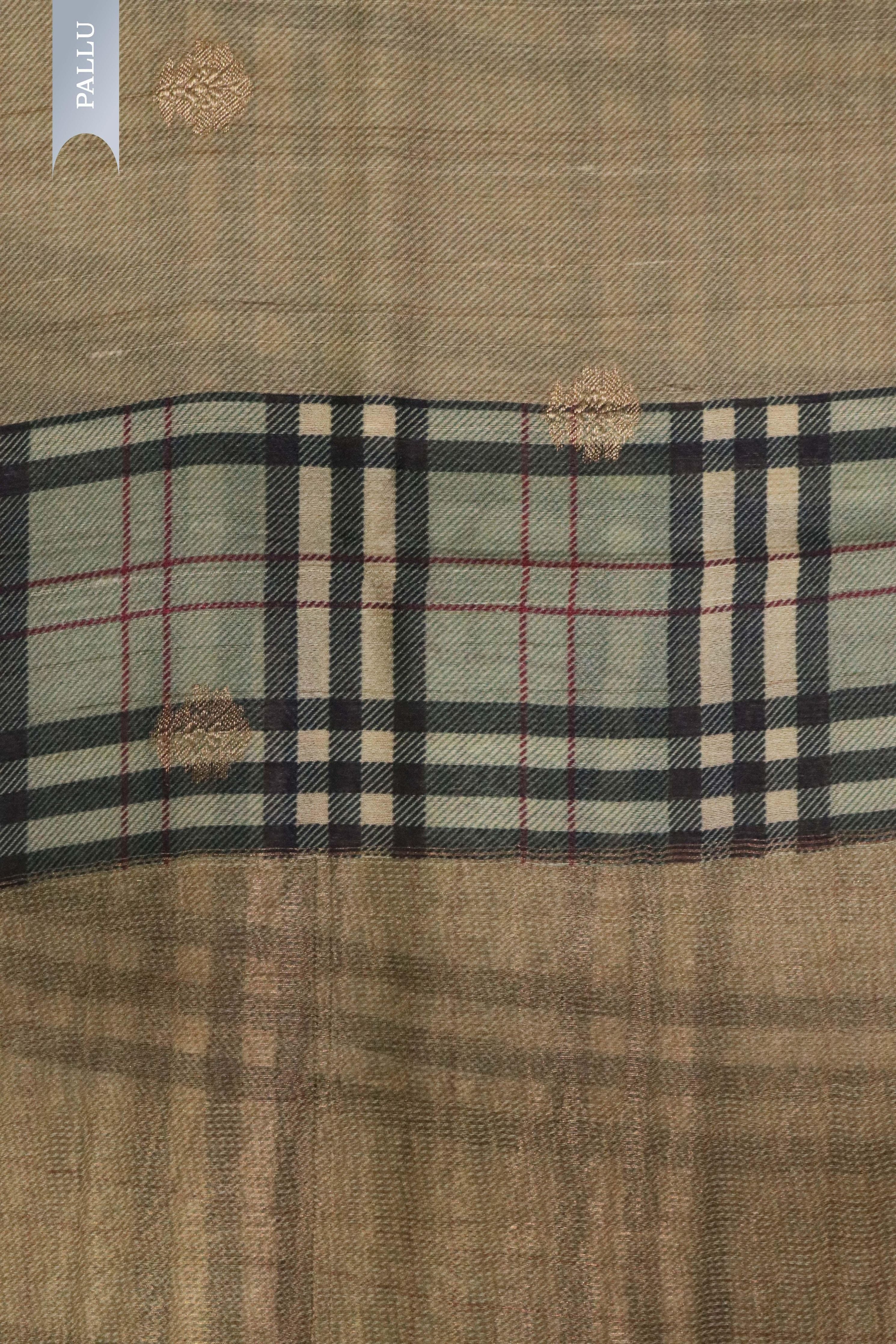 Chikku Tussar Silk Saree with Zari Motifs & Checked Border - Mokshaa