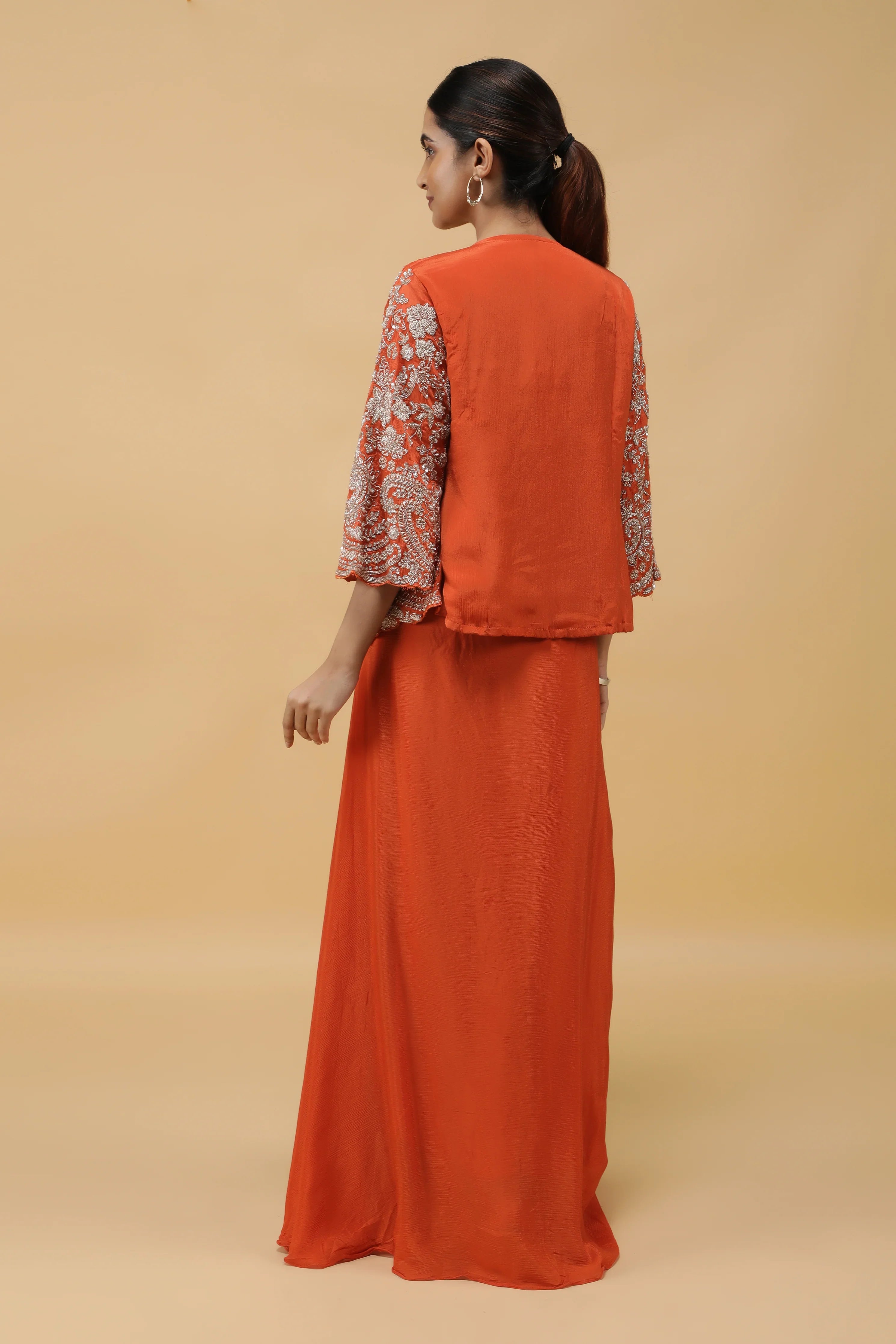 Saffron Luxe Kutdana Embroidered Crop Top, Draped Skirt & Jacket Set - Mokshaa