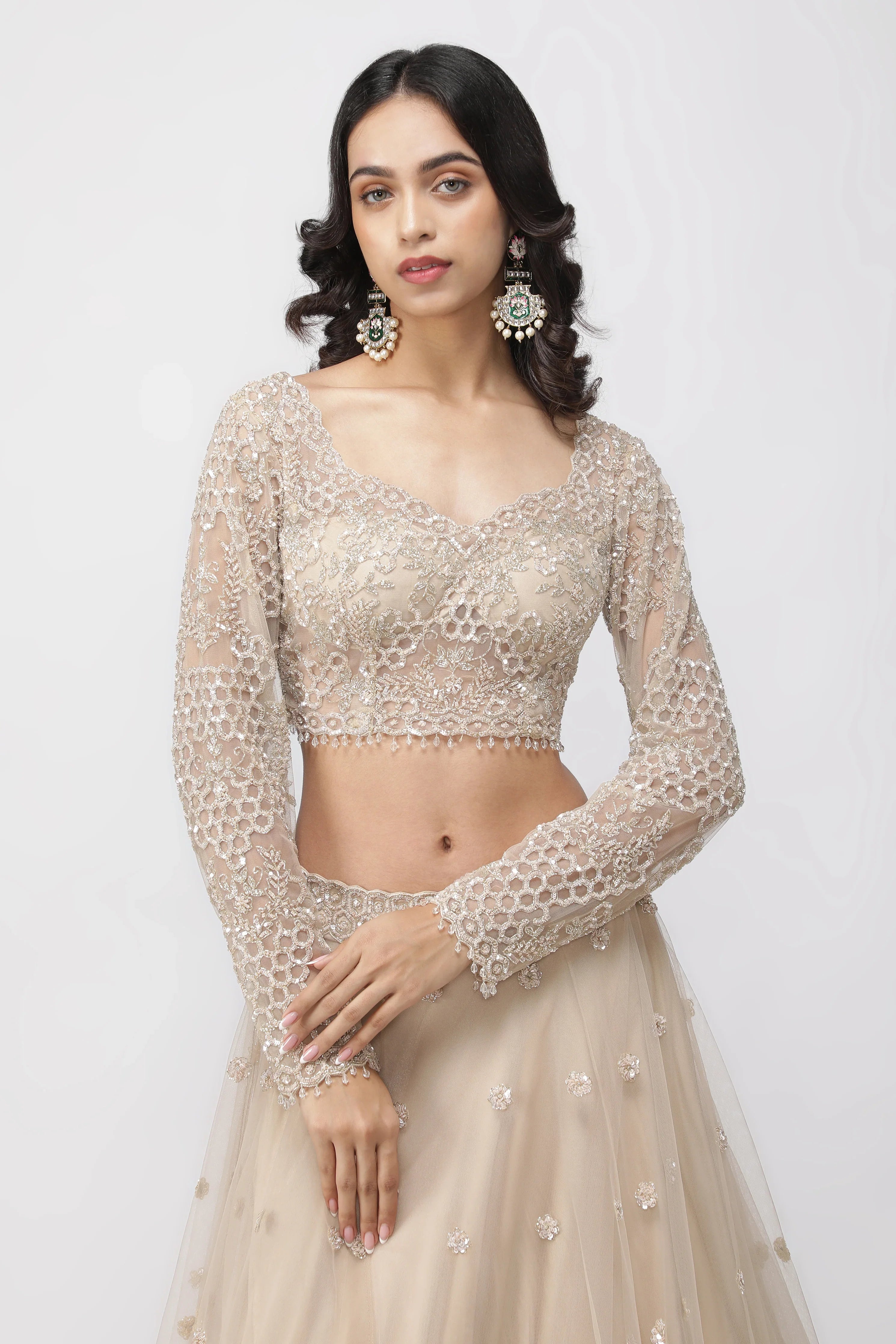 Light Beige Net Lehenga Set with Sequin and Cutdana Embroidery - Mokshaa