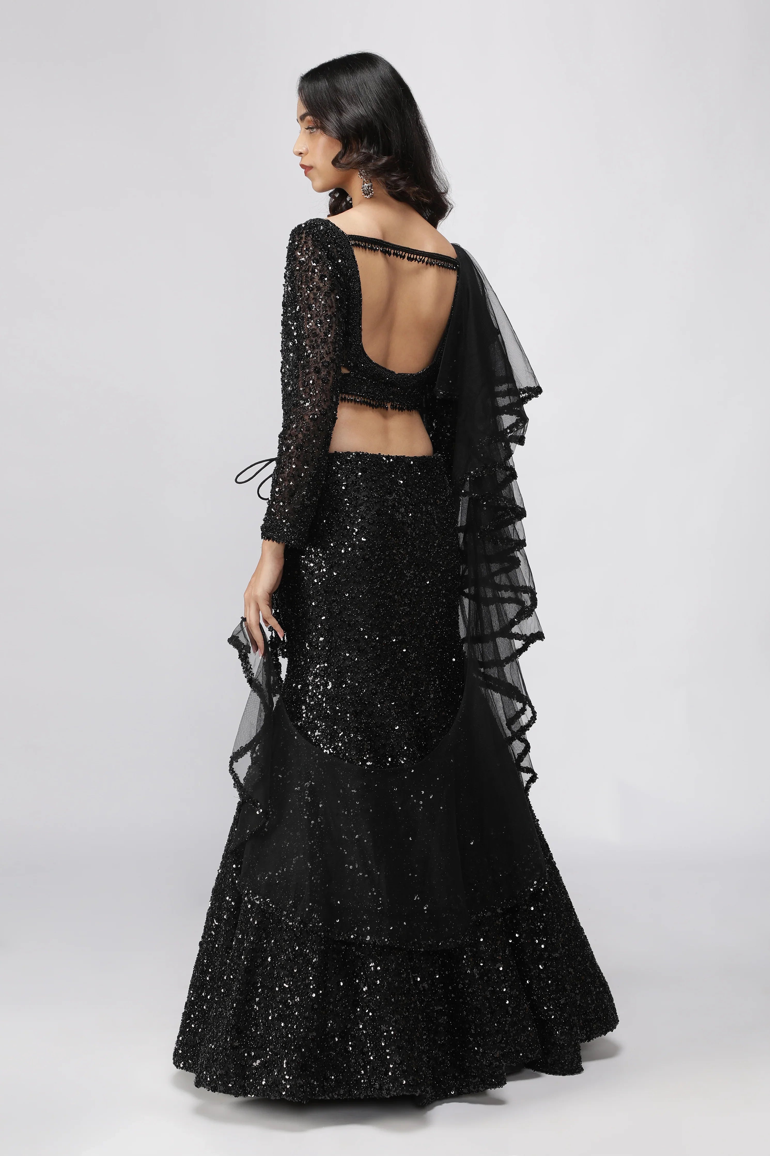 Black Net Sequin Embroidered Lehenga Set with Cape - Mokshaa