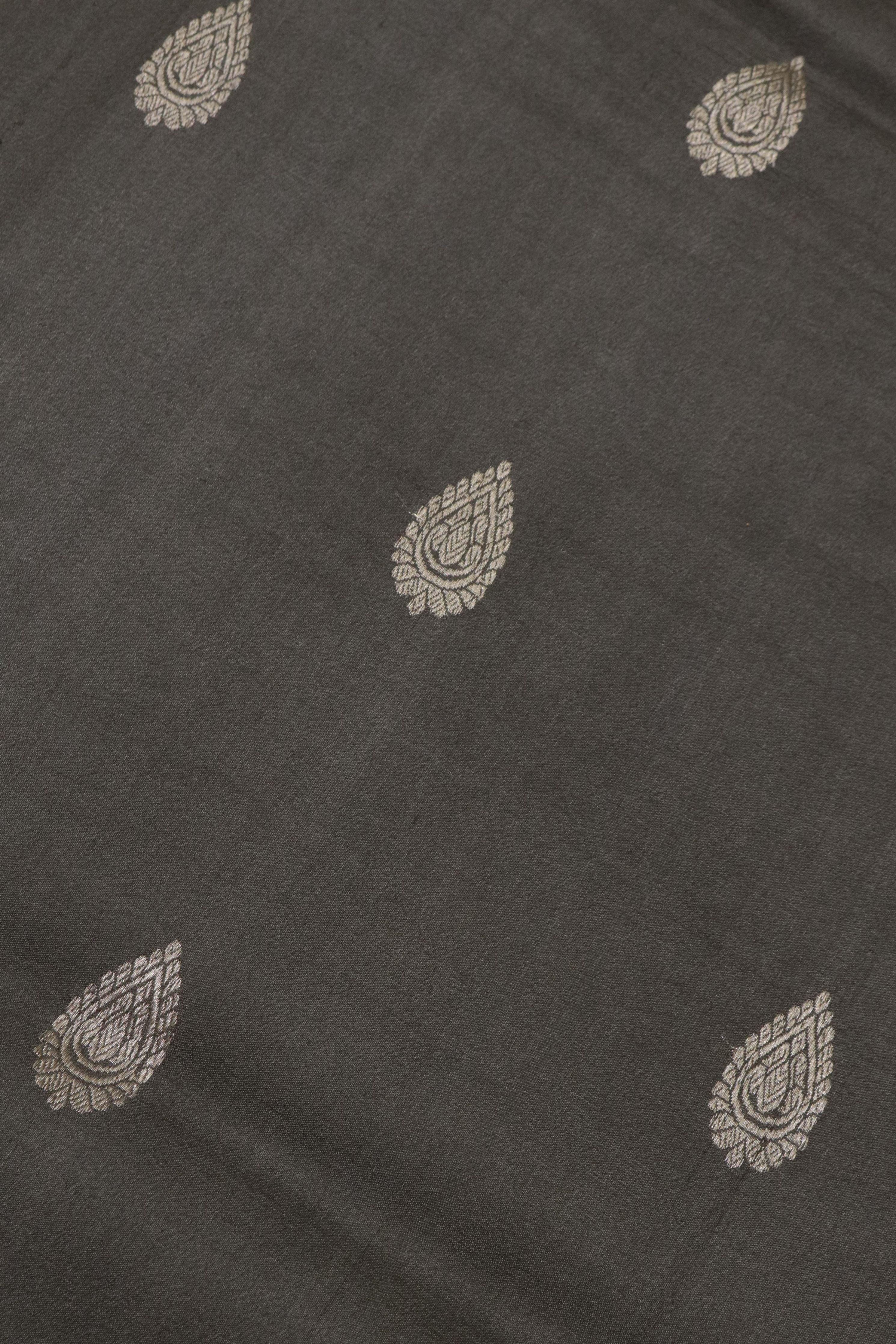 Grey Tussar Silk Saree with Silver Zari Motifs & Floral Print - Mokshaa