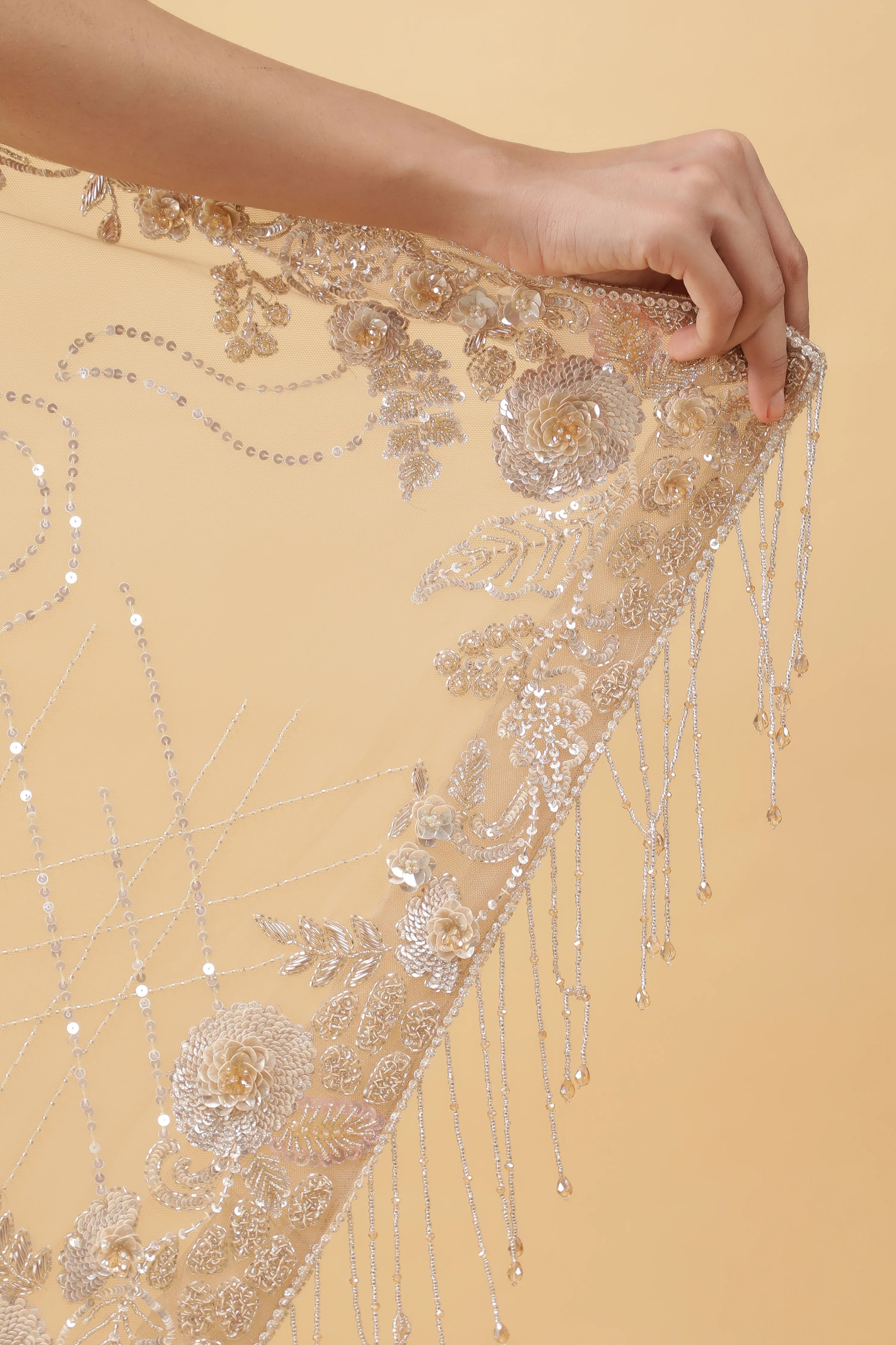 Beige Net Saree with All Over Sequins Work - Mokshaa