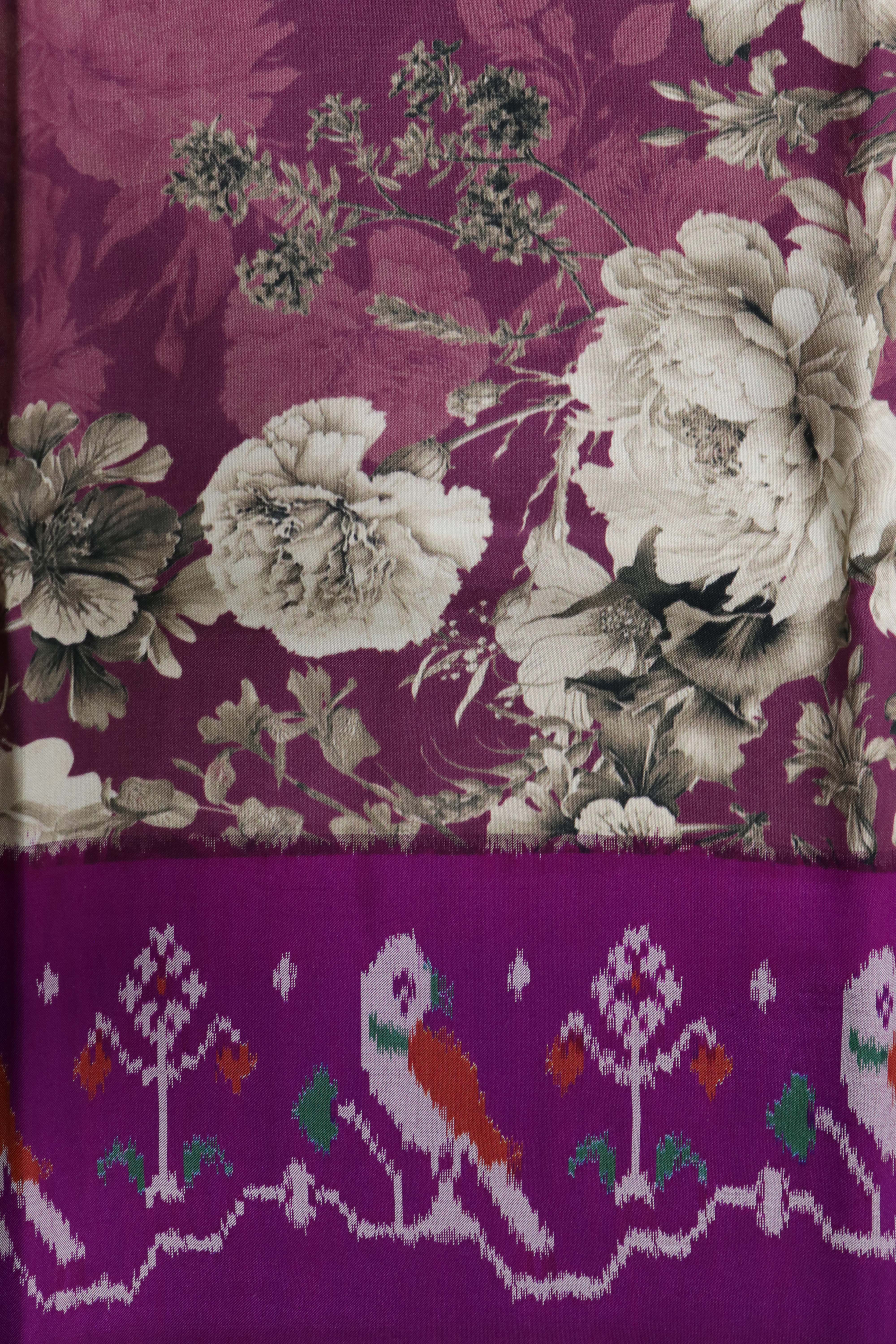 Dusty Wine Silk Saree with Floral Print & Ikat Border