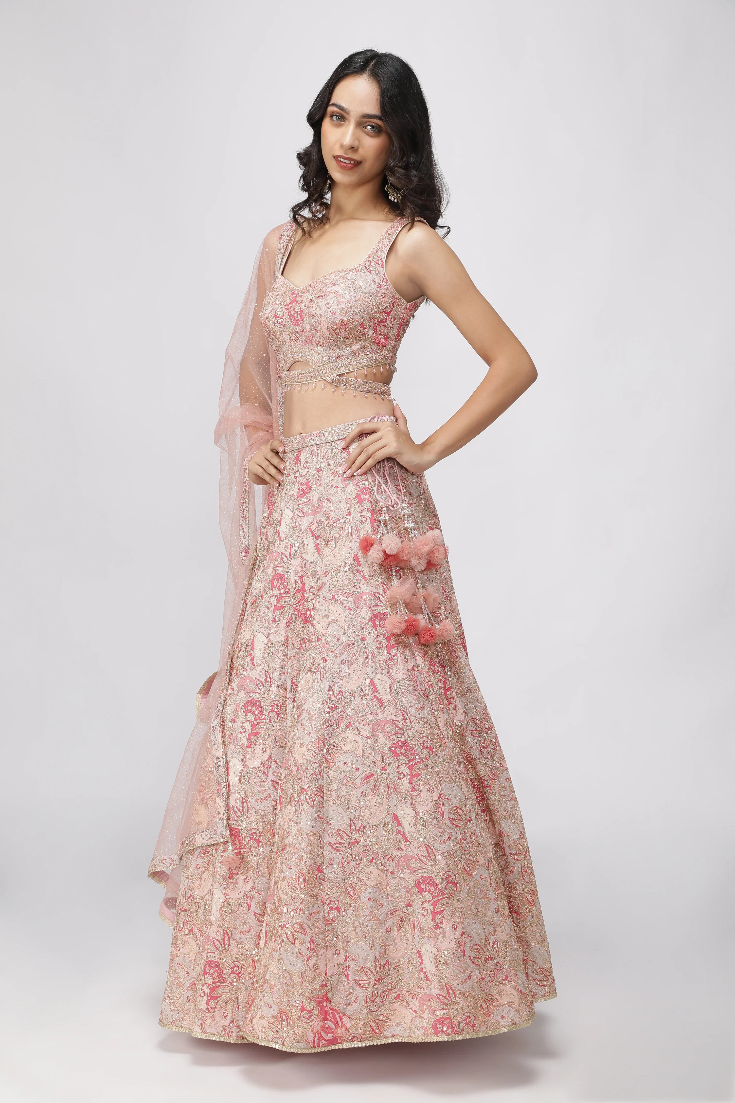 Peach Printed Georgette Lehenga Set with Net Dupatta - Mokshaa