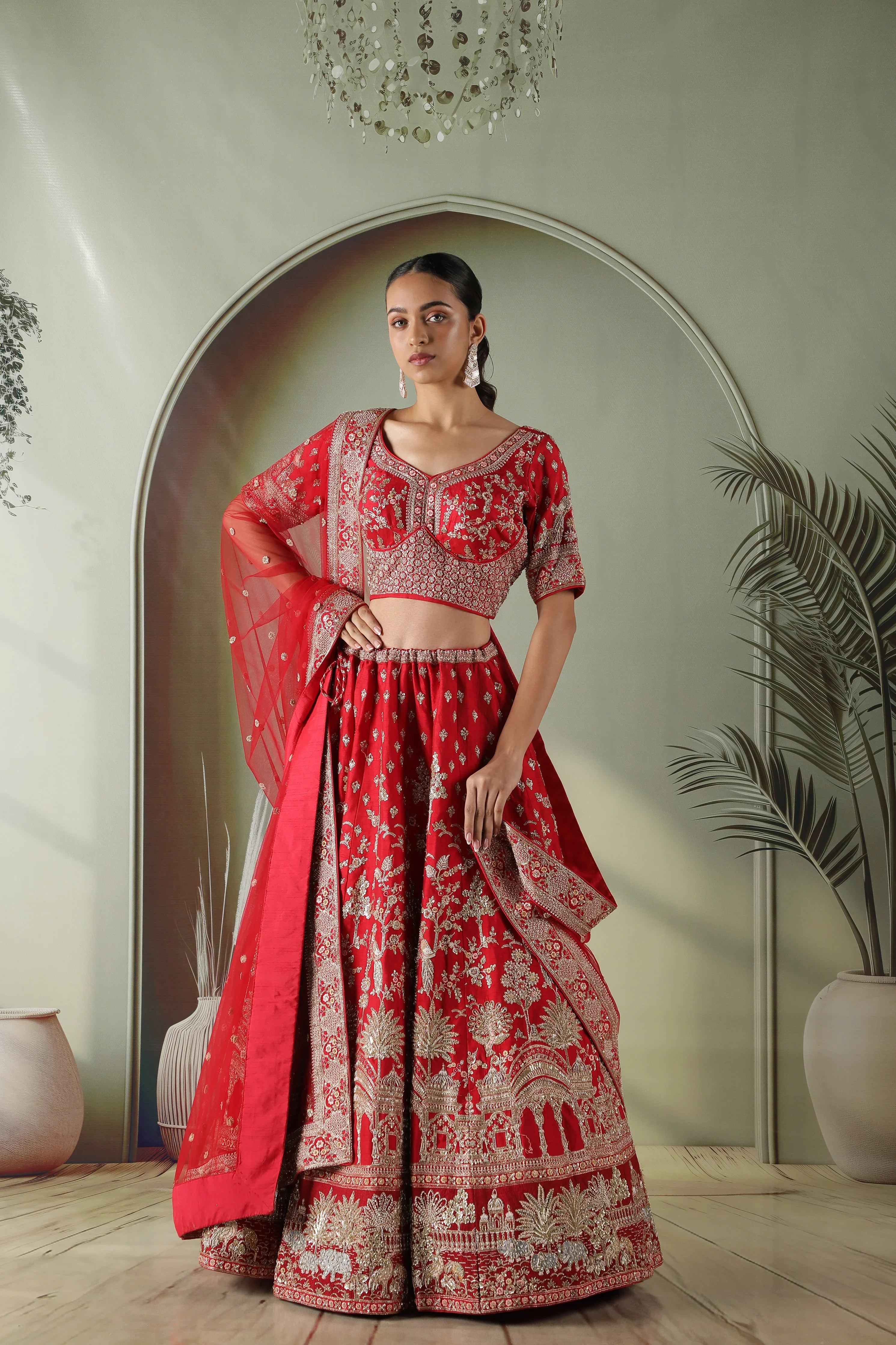 Scarlet Red Raw Silk Bridal Lehenga Set - Mokshaa