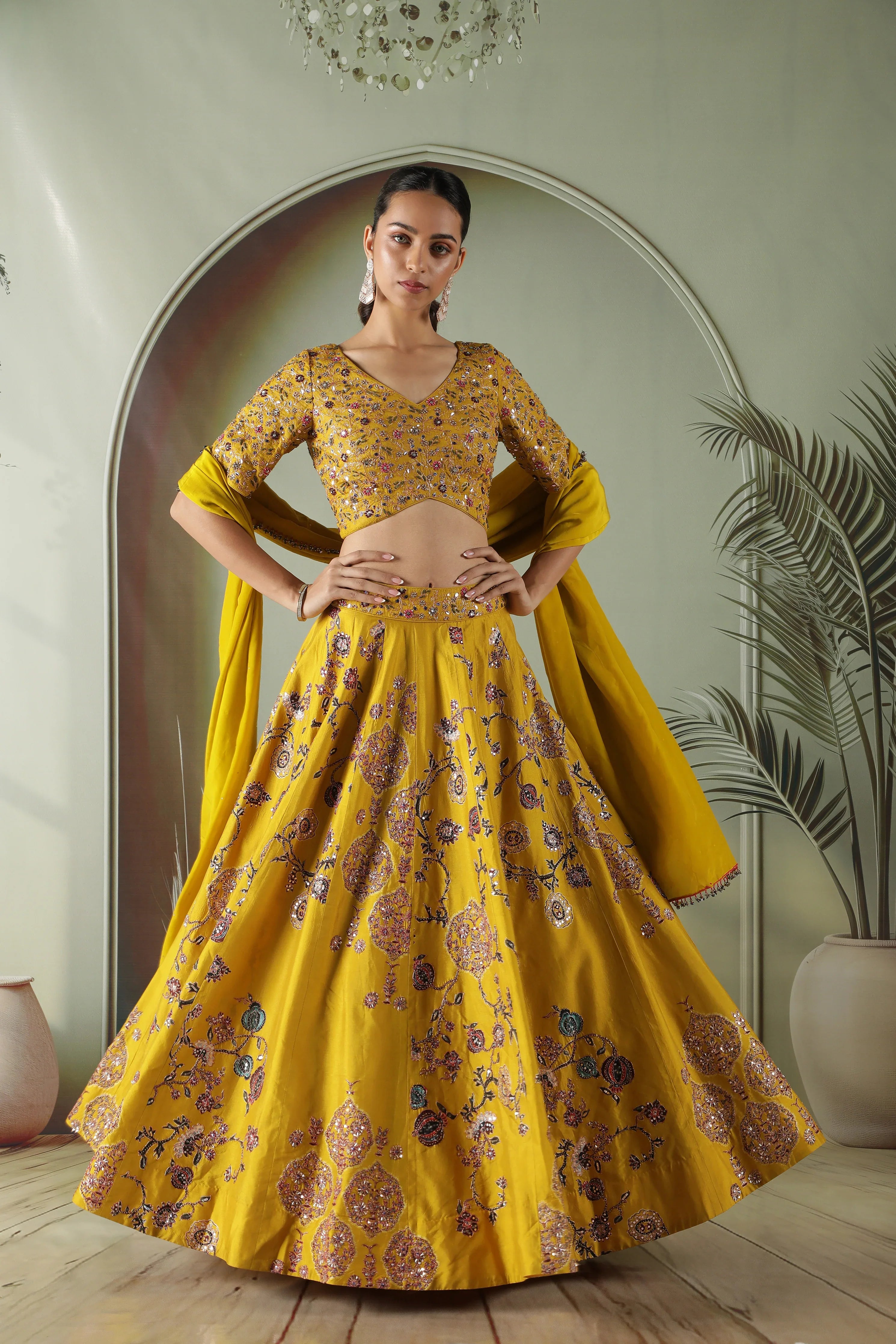 Yellow Printed Silk Lehenga Set - Mokshaa