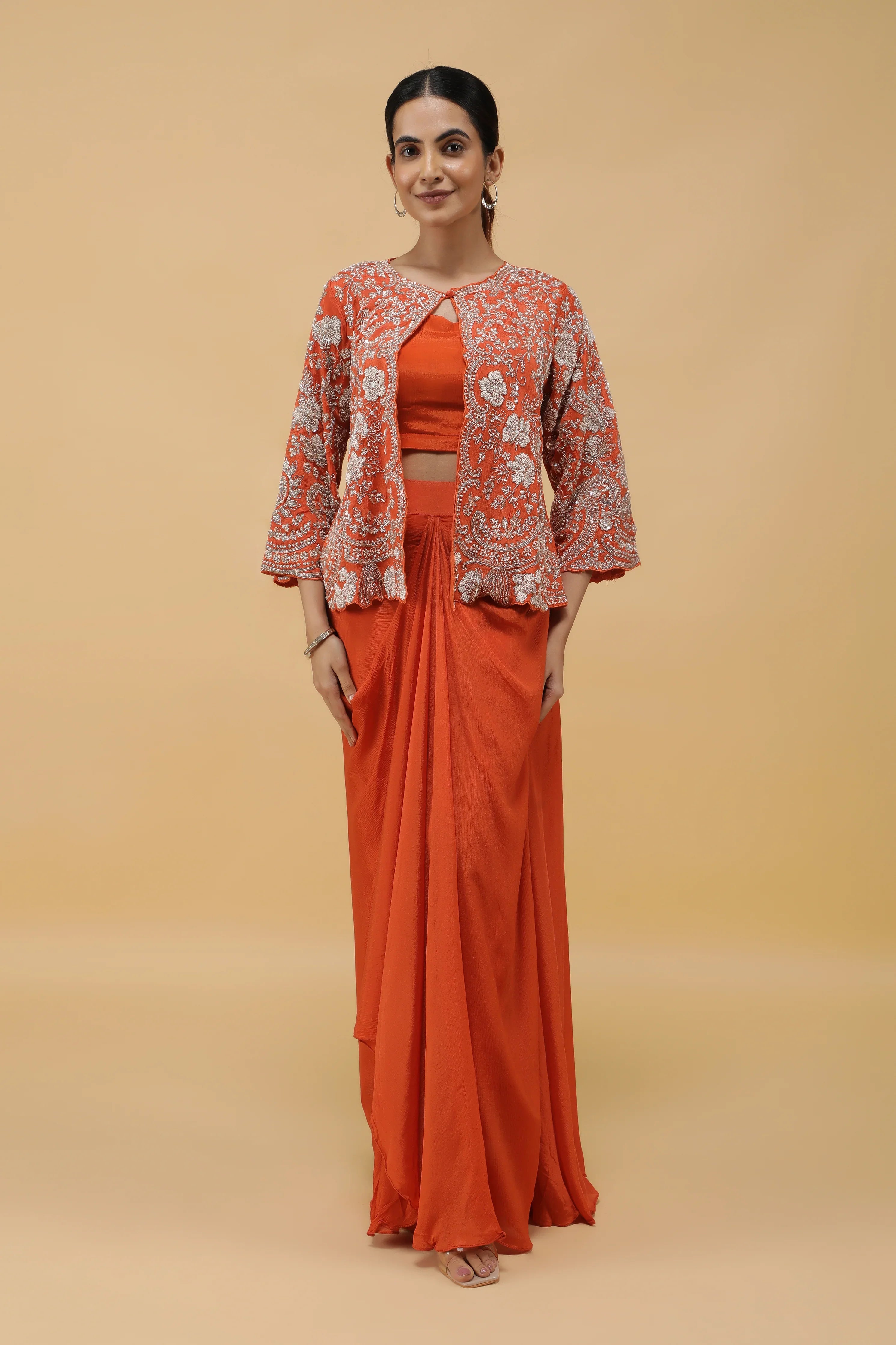 Saffron Luxe Kutdana Embroidered Crop Top, Draped Skirt & Jacket Set - Mokshaa