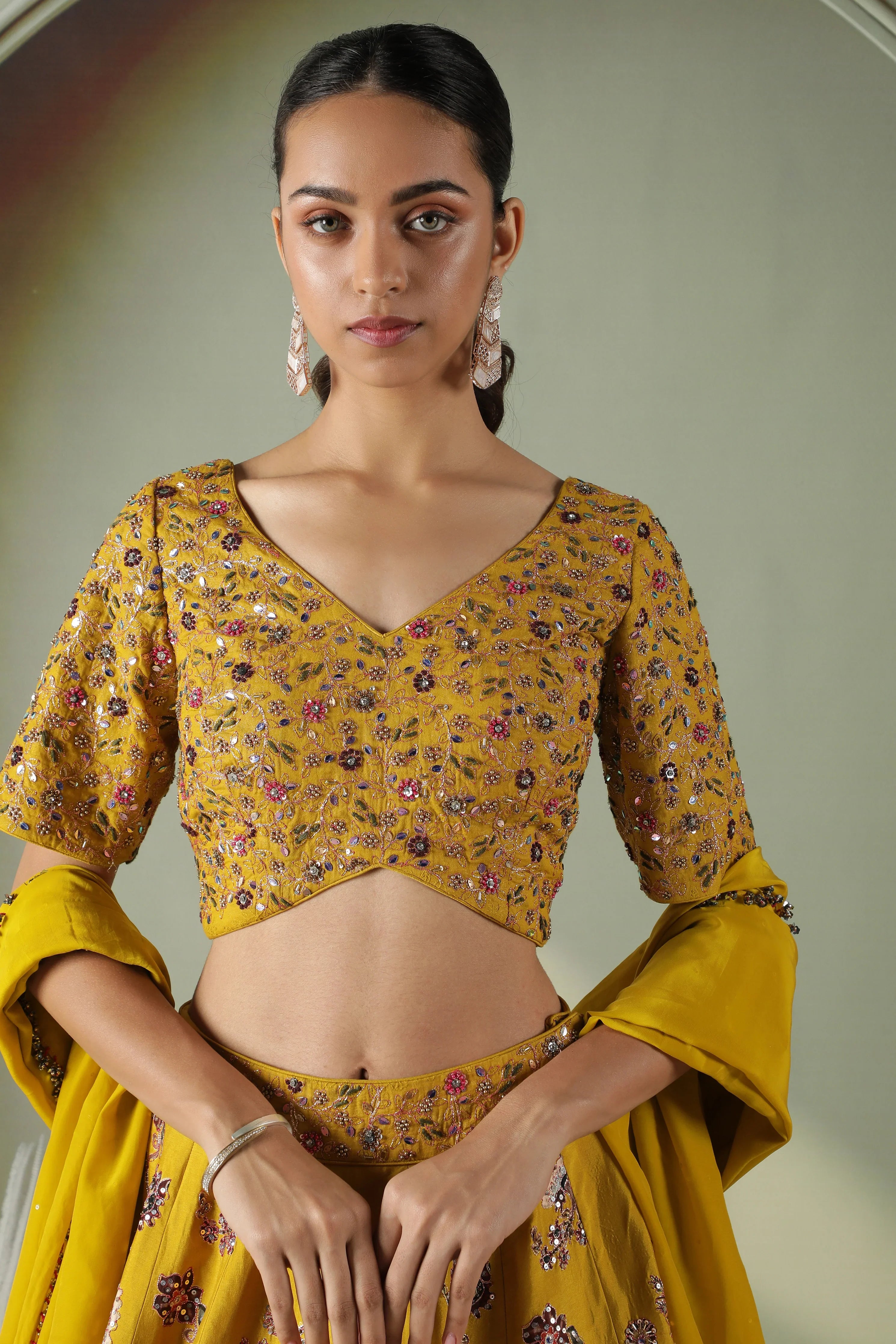 Yellow Printed Silk Lehenga Set - Mokshaa