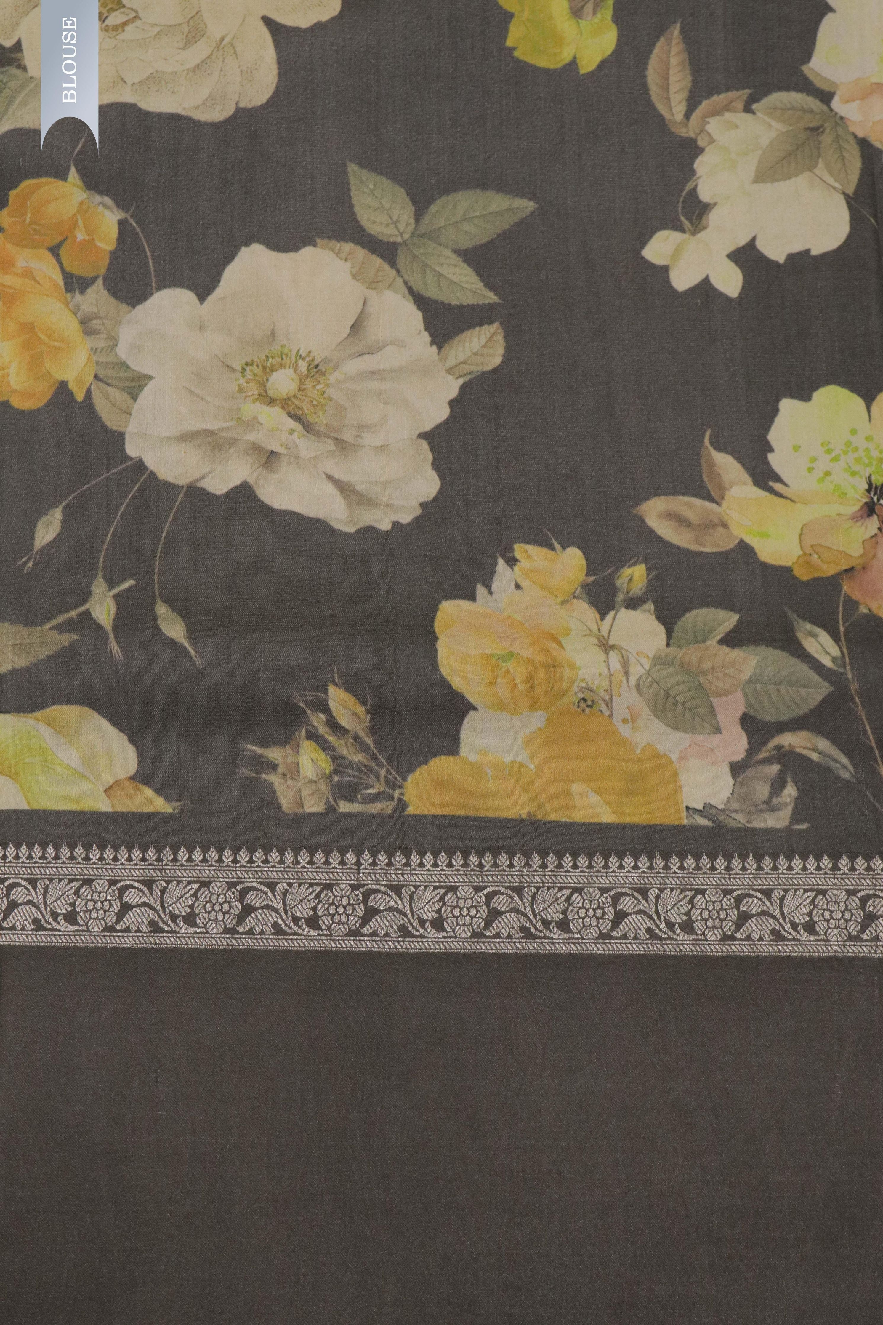 Grey Tussar Silk Saree with Silver Zari Motifs & Floral Print - Mokshaa