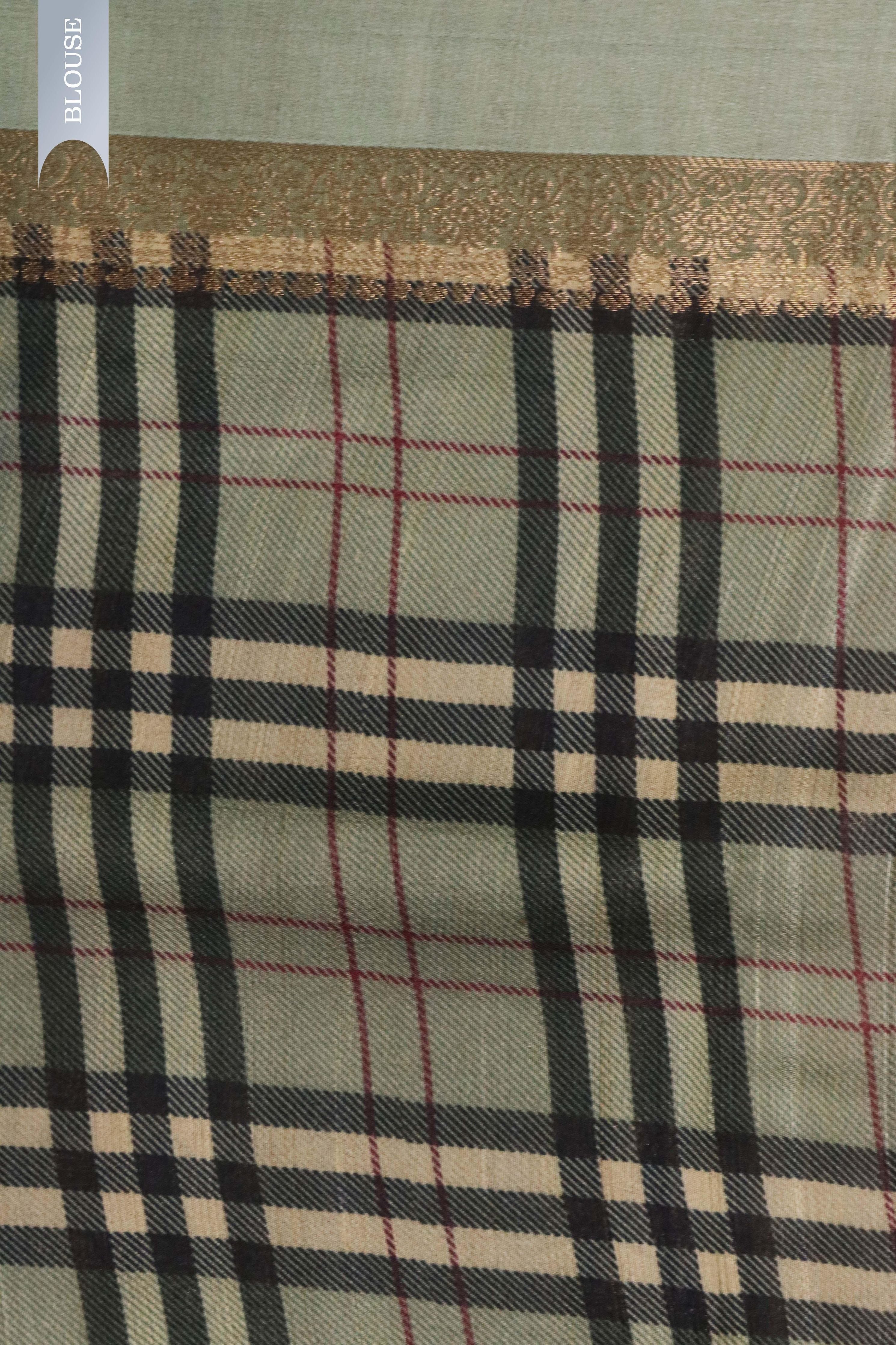 Chikku Tussar Silk Saree with Zari Motifs & Checked Border - Mokshaa