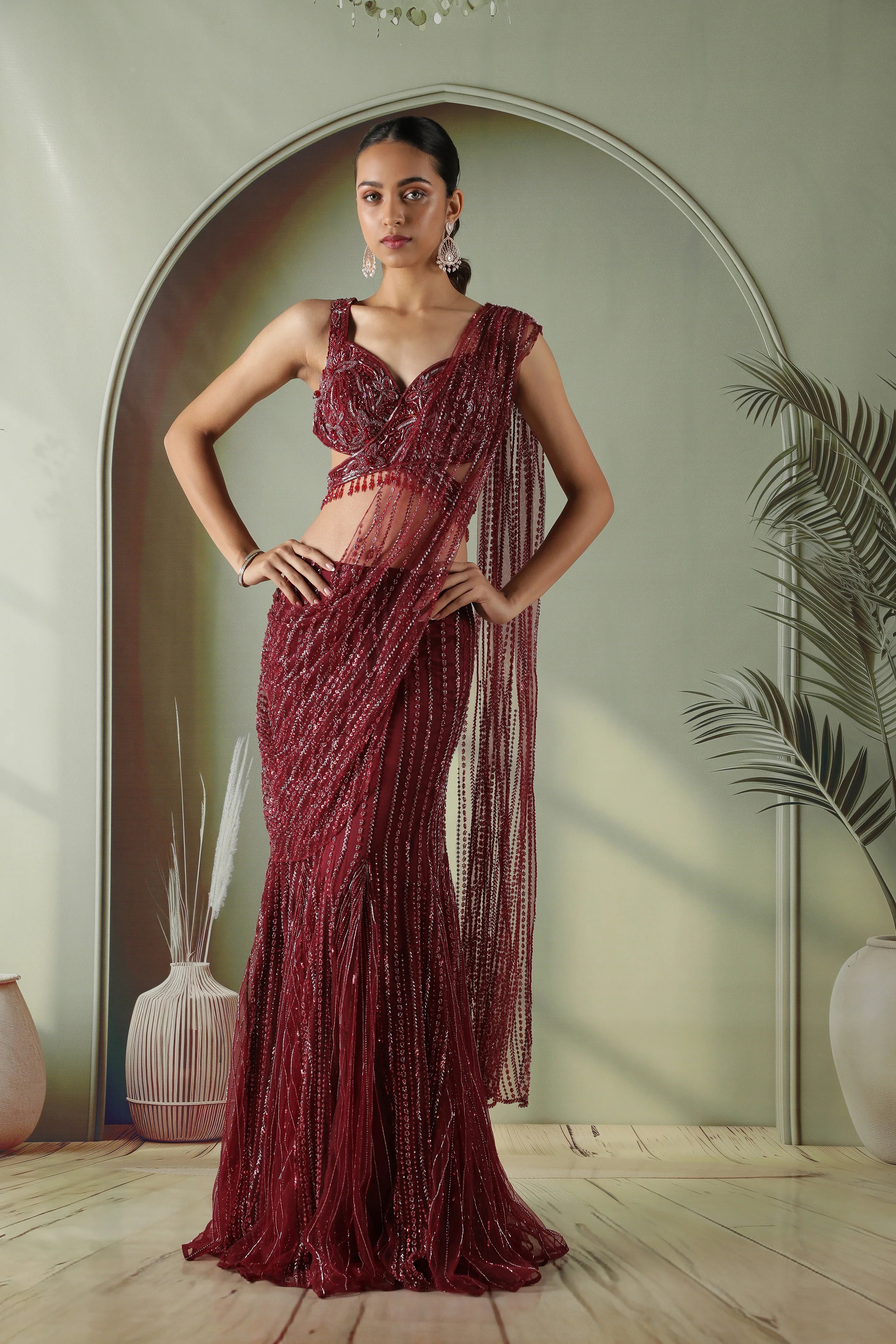 Wine Red Mermaid Cut Draped Net Skirt Set - Mokshaa