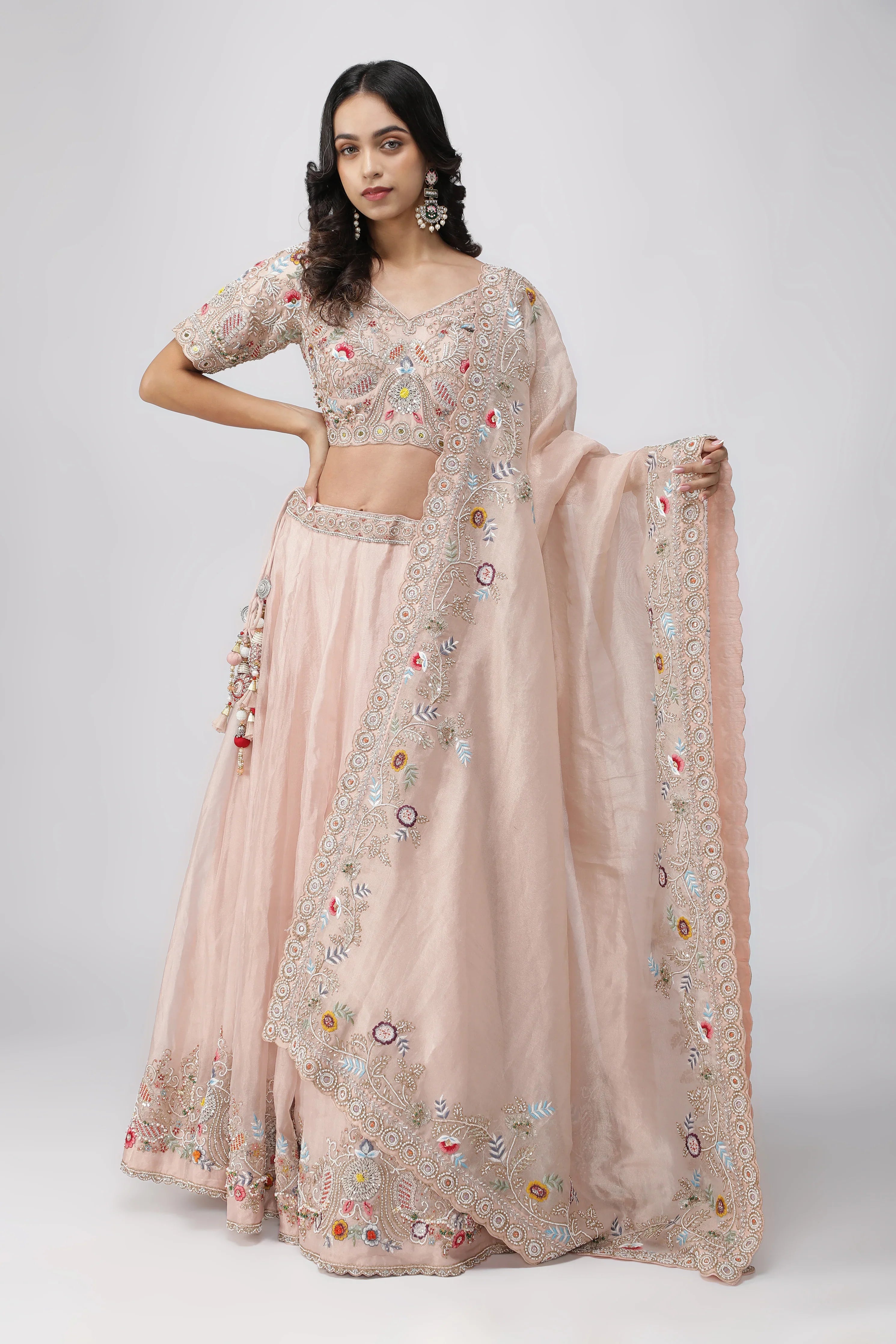 Peach Tissue Organza Lehenga Set - Mokshaa