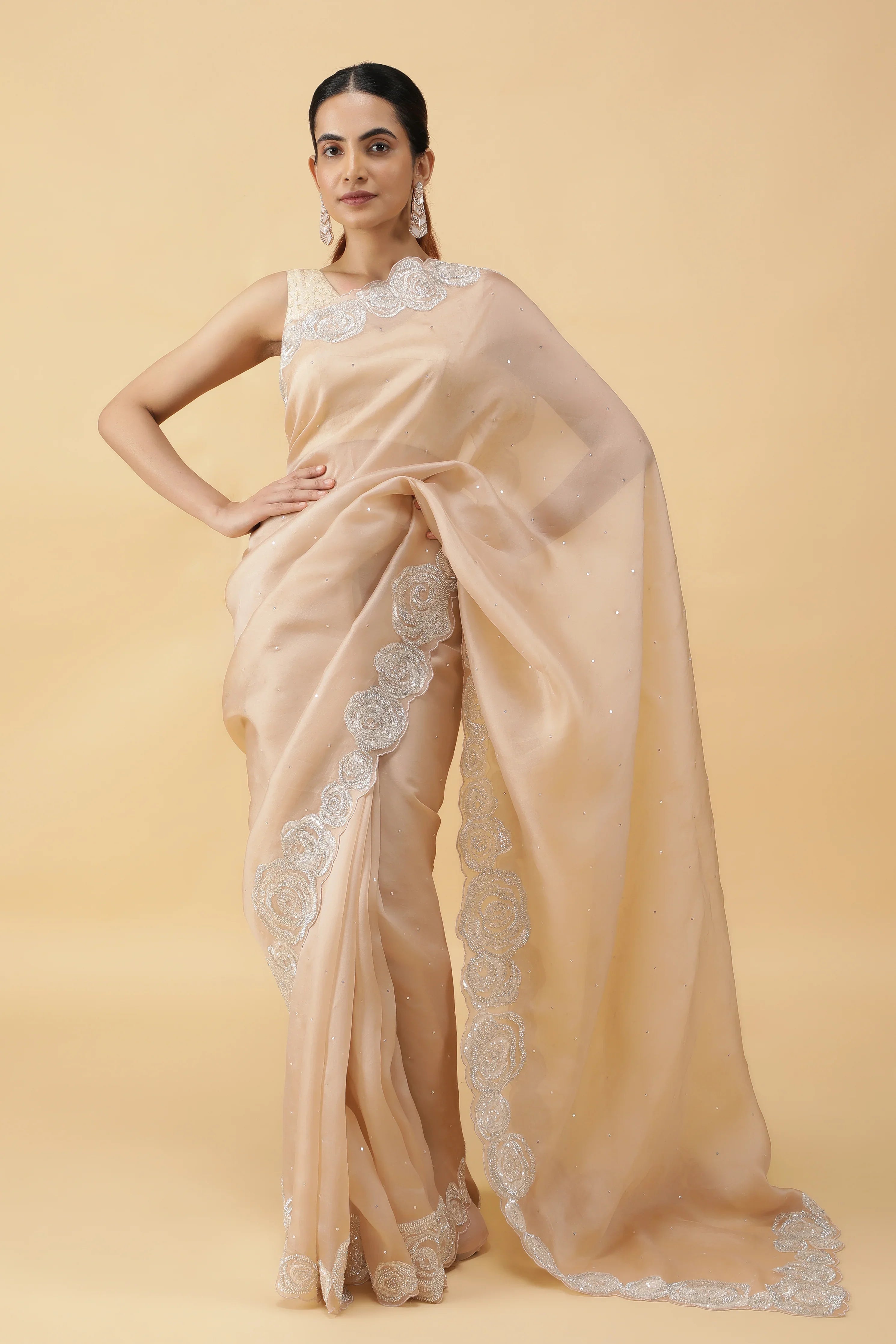Ivory Silk Organza Saree with Sequins & Bead Border - Mokshaa