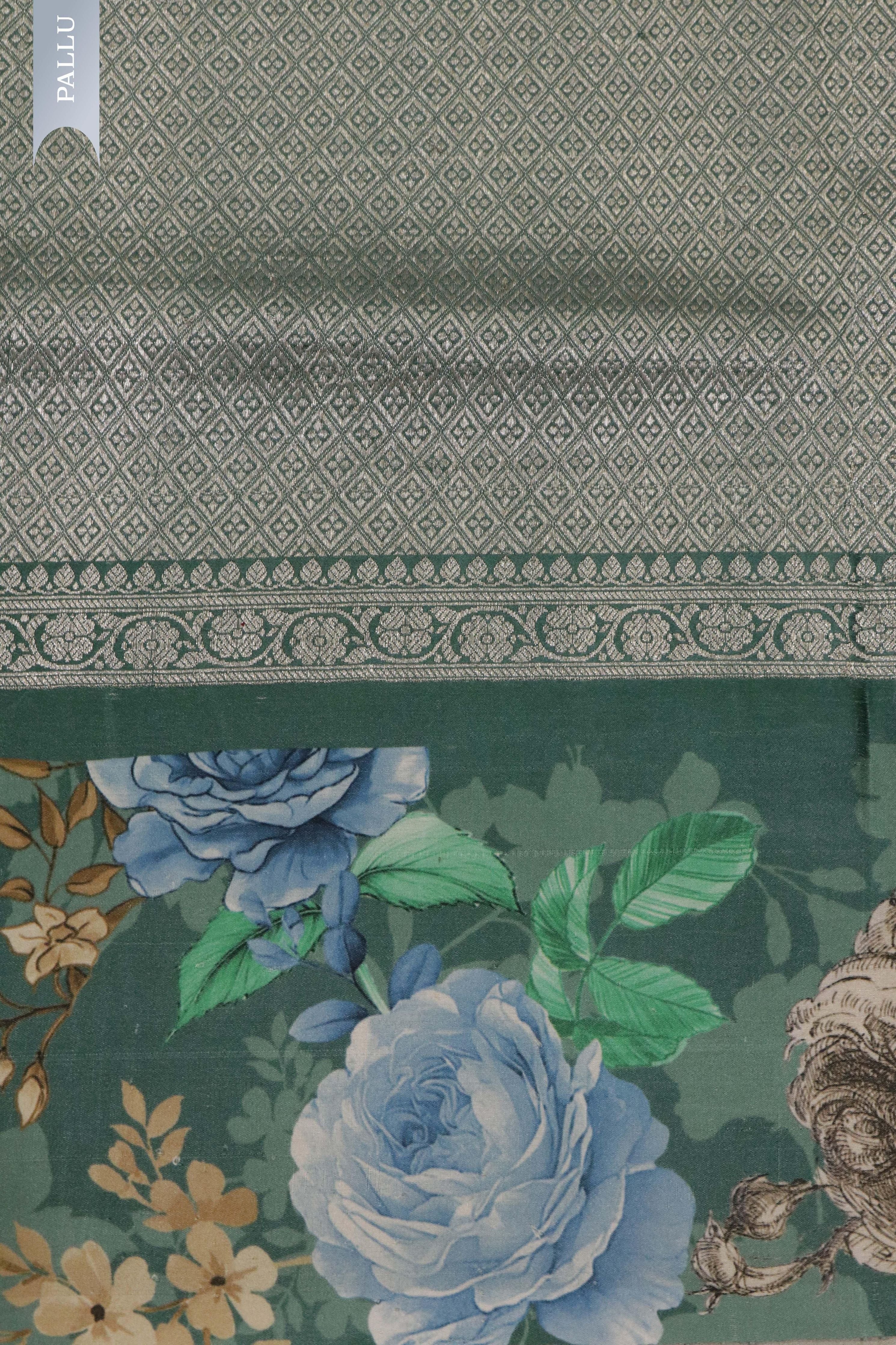 Turf Green Tussar Silk Saree with Silver Zari Motifs & Printed Border - Mokshaa