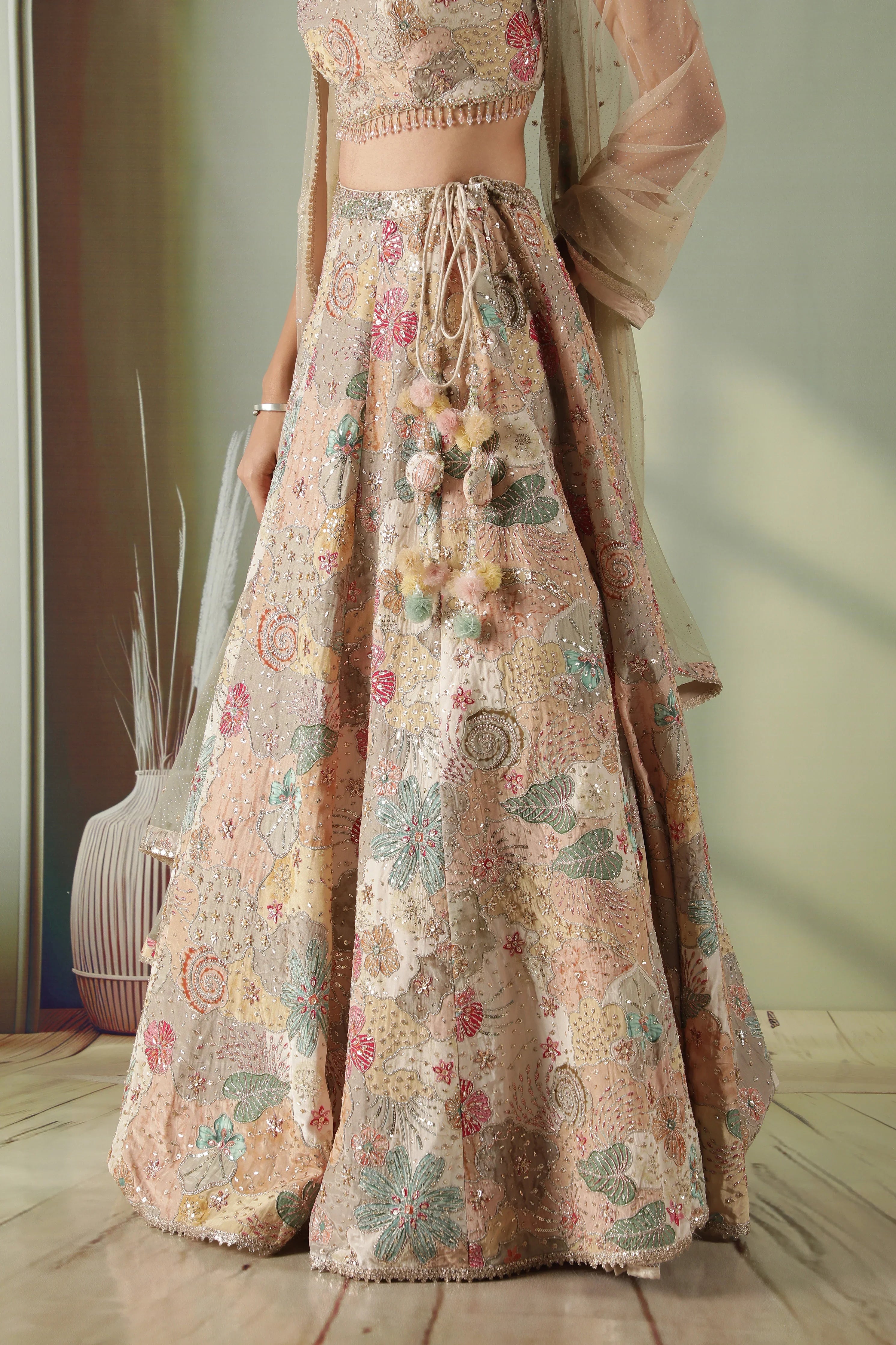 Beige Printed Silk Lehenga Set - Mokshaa
