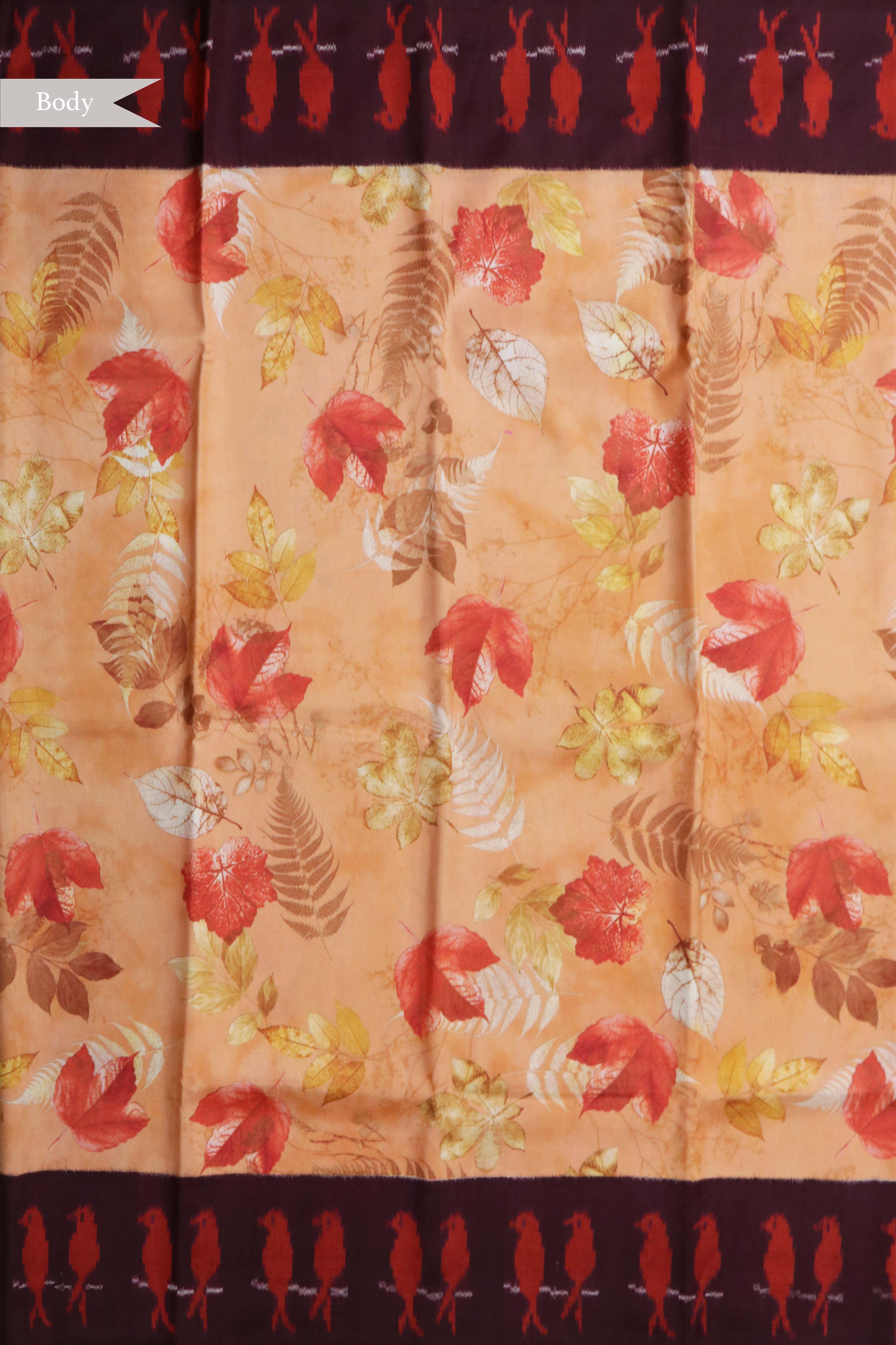 Orange Printed Silk Saree with Ikat Border